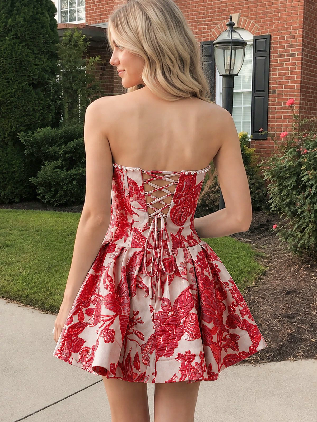 Red Flower Jacquard Strapless A-Line Bowknot Homecoming Dress With Pearl (2) | KISSPROM