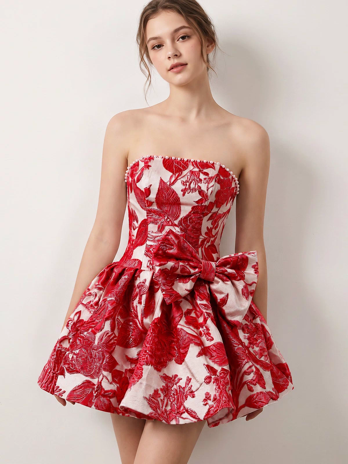 Red Flower Jacquard Strapless A-Line Bowknot Homecoming Dress With Pearl | KISSPROM