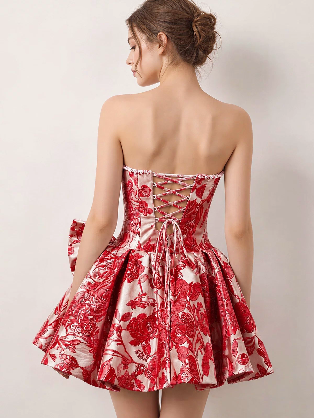 Red Flower Jacquard Strapless A-Line Bowknot Homecoming Dress With Pearl (2) | KISSPROM