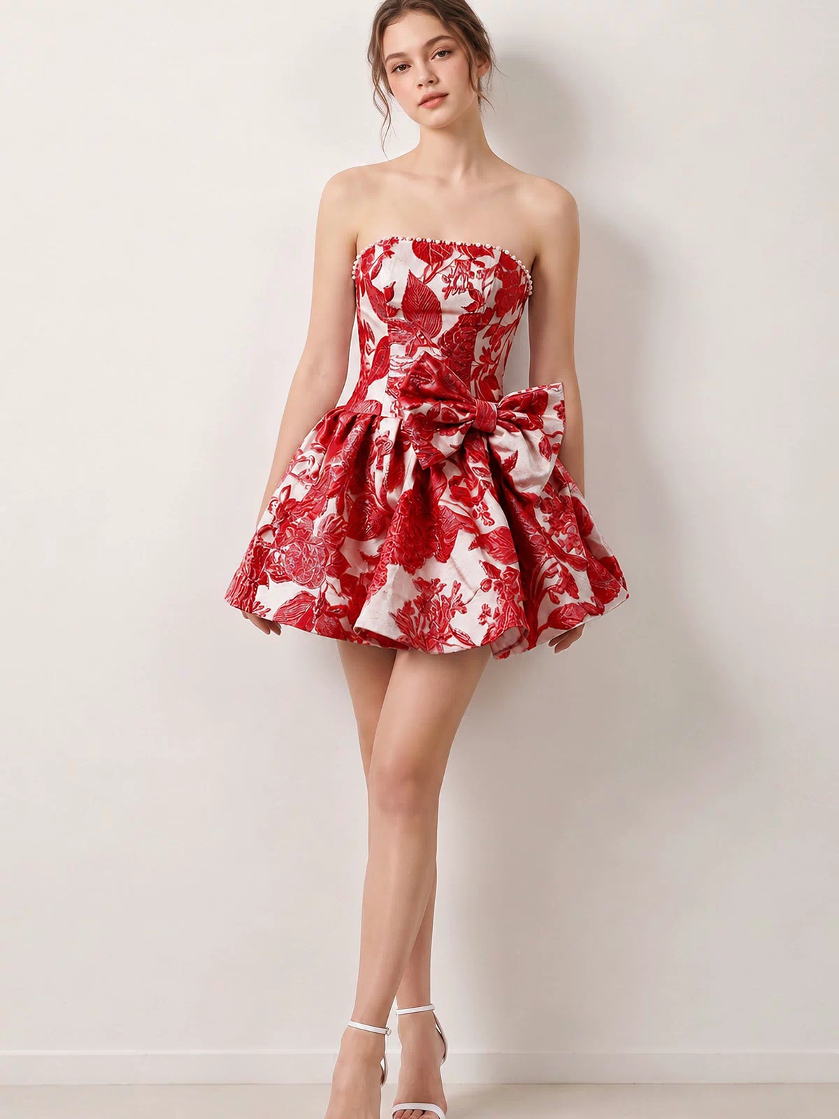 Red Flower Jacquard Strapless A-Line Bowknot Homecoming Dress With Pearl (3) | KISSPROM