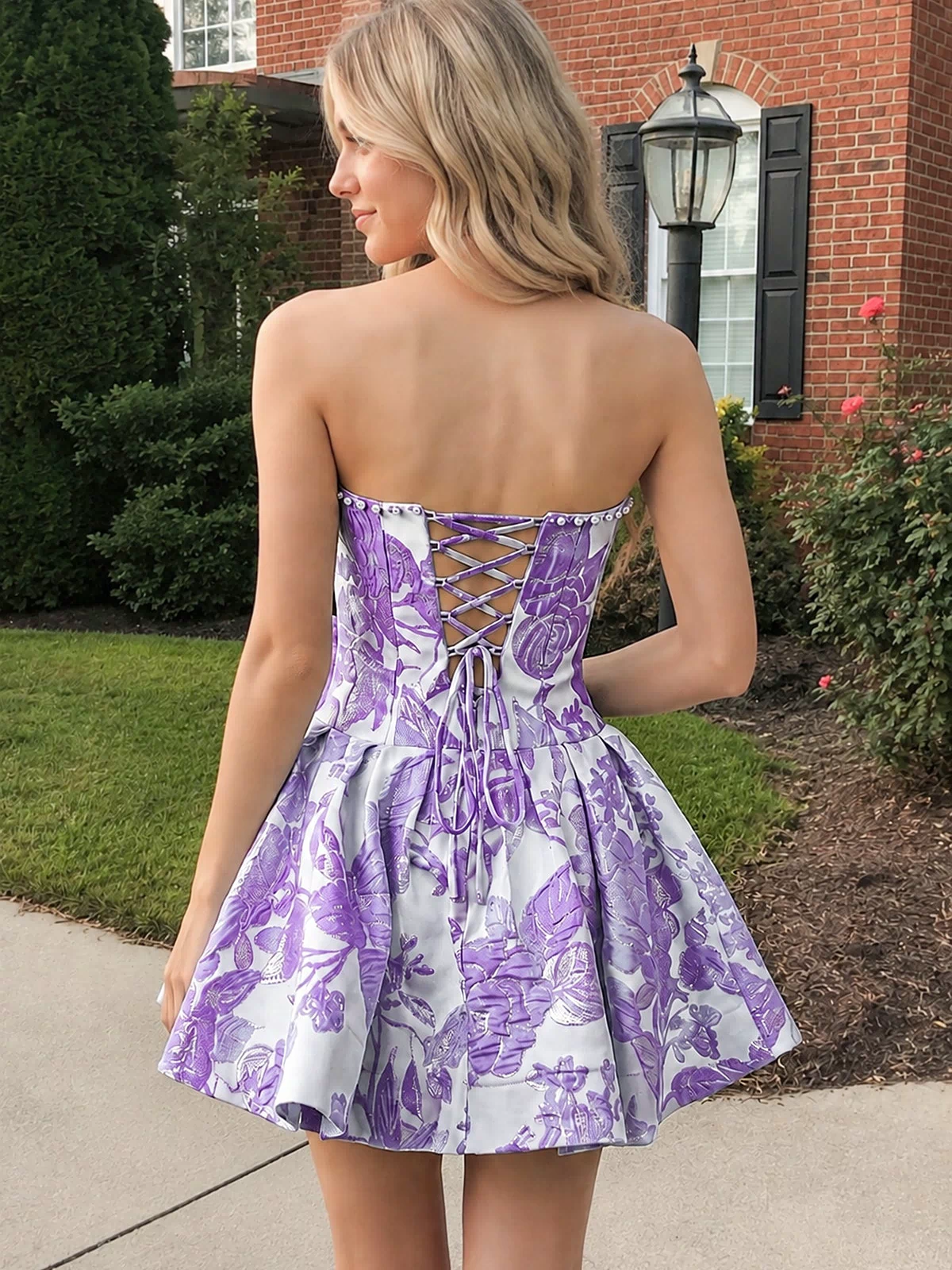 Lavender Flower Jacquard Strapless A-Line Bowknot Homecoming Dress With Pearl (2) | KISSPROM