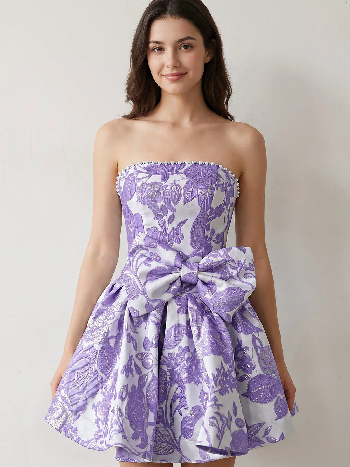 Lavender Flower Jacquard Strapless A-Line Bowknot Homecoming Dress With Pearl (3) | KISSPROM
