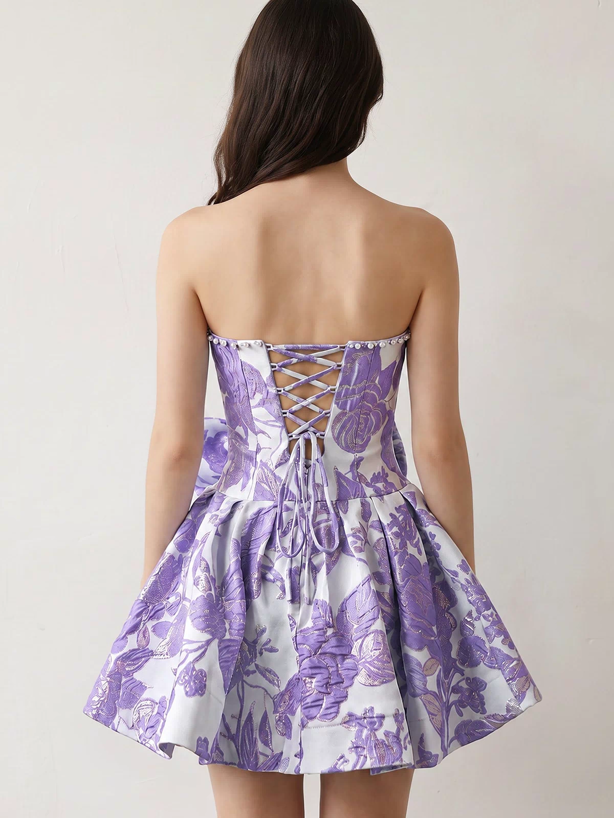 Lavender Flower Jacquard Strapless A-Line Bowknot Homecoming Dress With Pearl (4) | KISSPROM