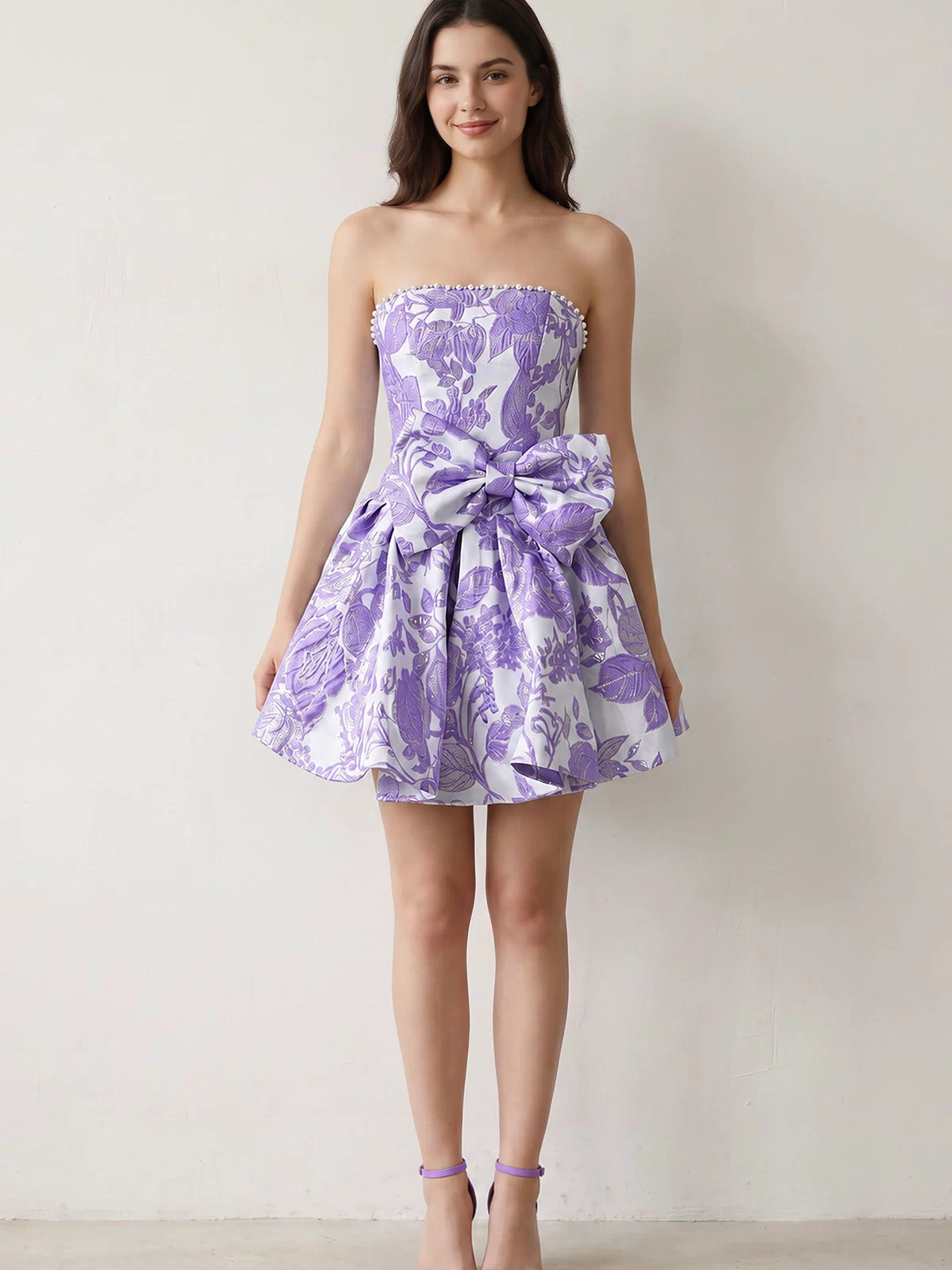 Lavender Flower Jacquard Strapless A-Line Bowknot Homecoming Dress With Pearl (5) | KISSPROM