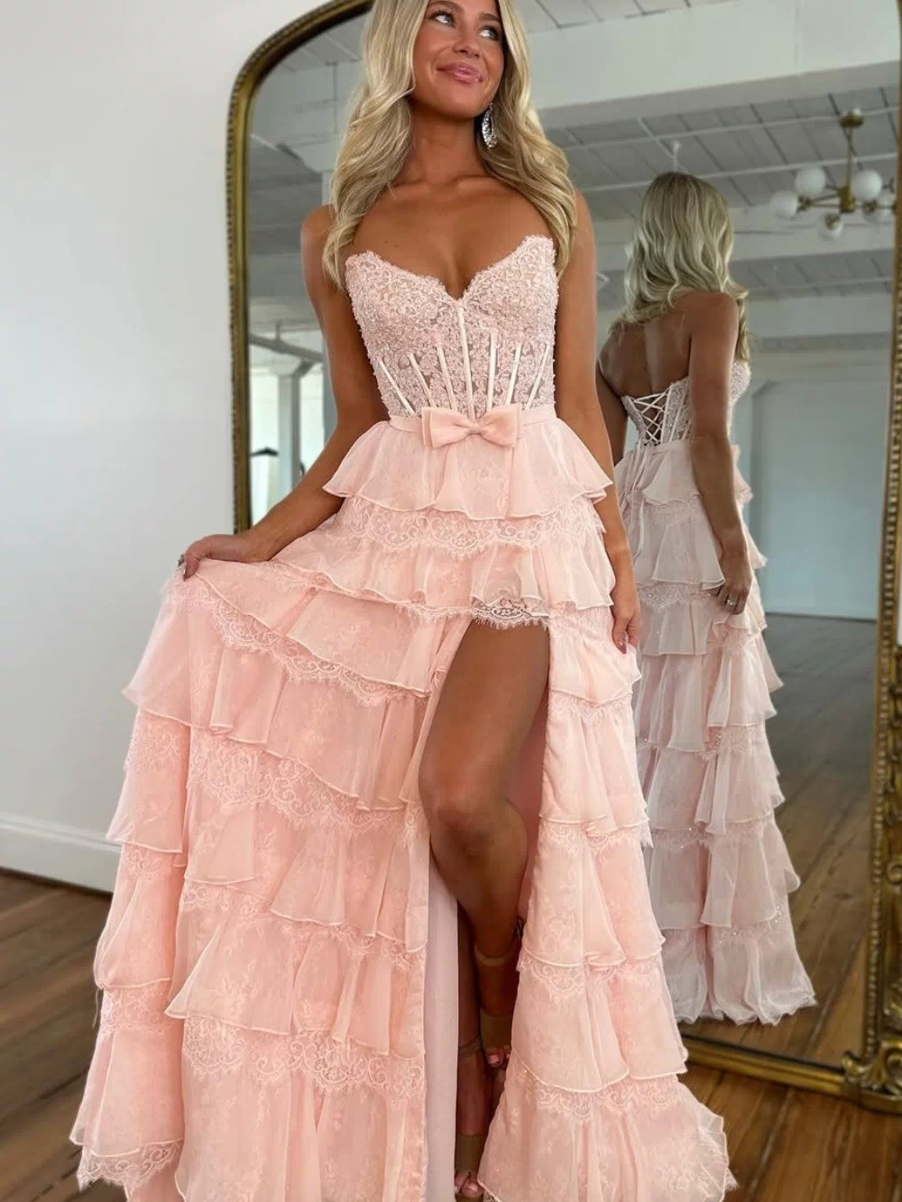 Blush Pink A-Line Lace Corset Prom Dress with Tiered Ruffle Skirt & Slit