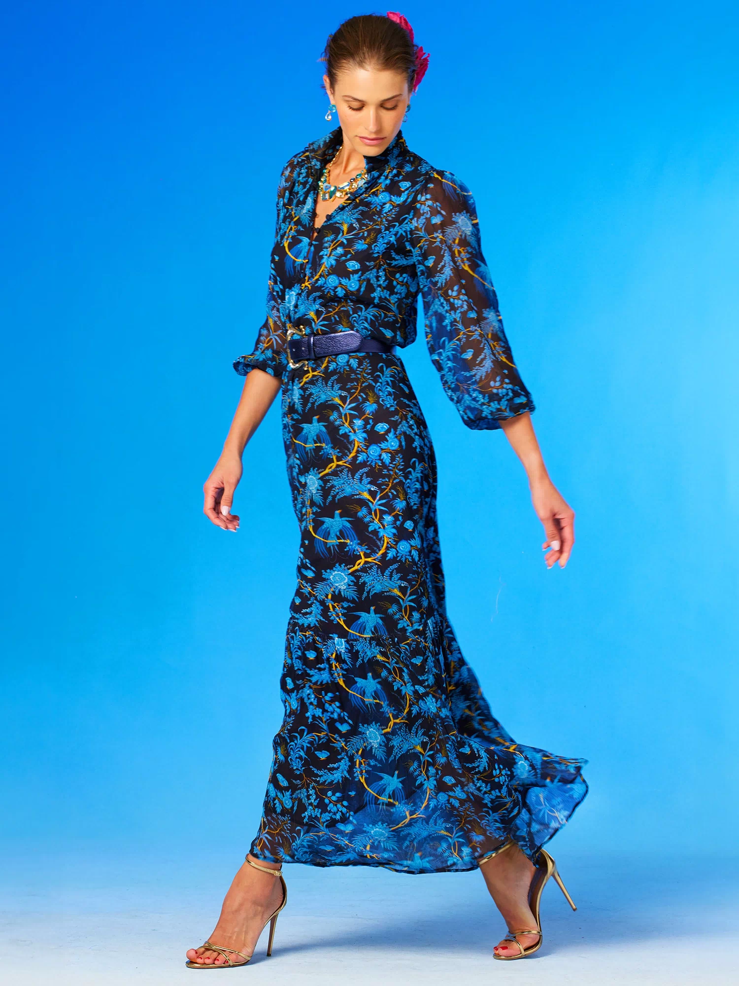 Blythe Maxi Crinkle Chiffon Dress in Midnight Garden-Side view walking