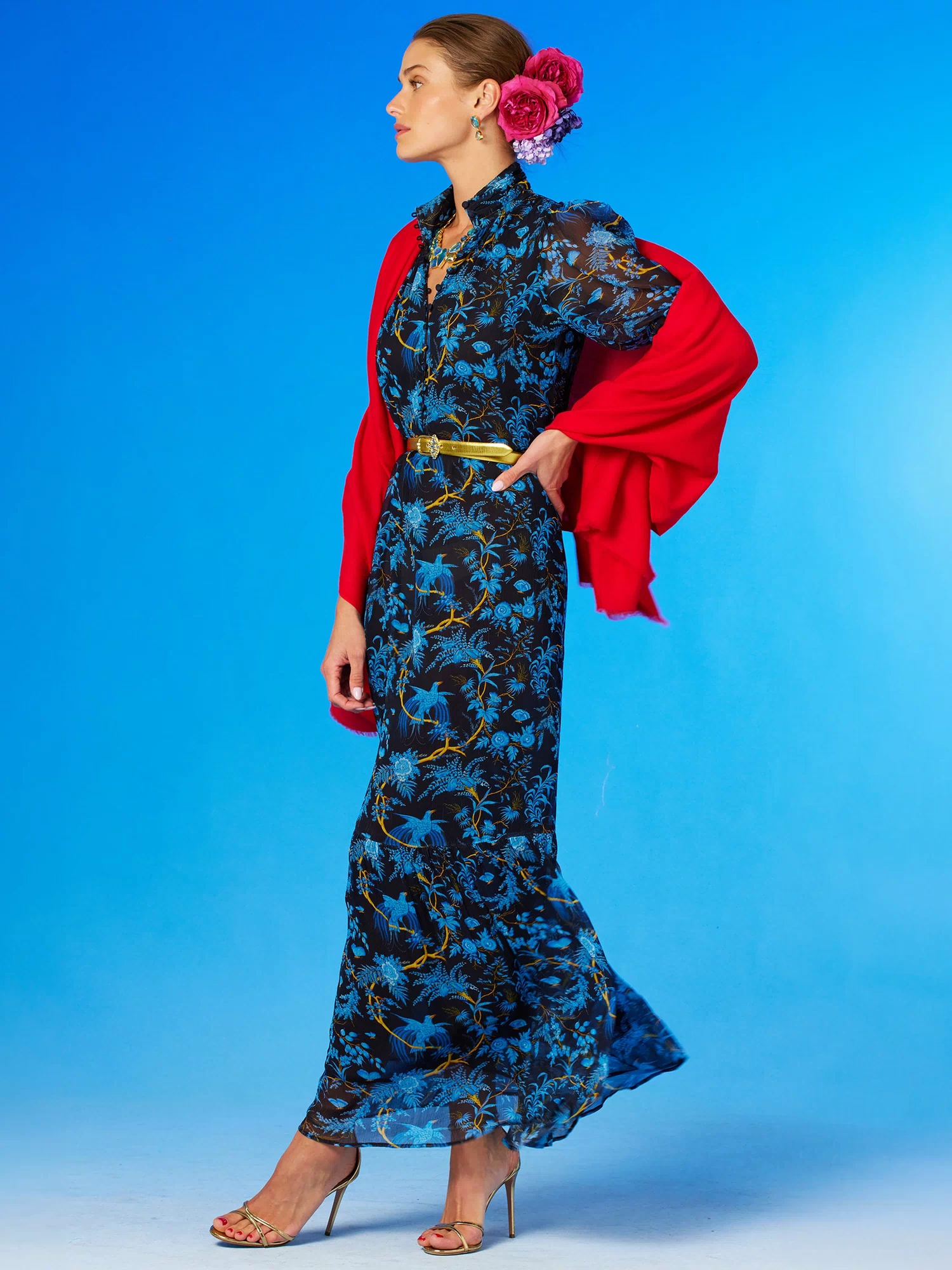 Blythe Maxi Crinkle Chiffon Dress in Midnight Garden-Side view