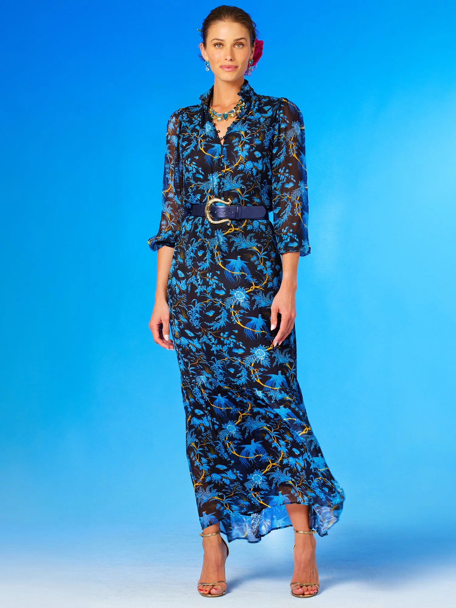 Blythe Maxi Crinkle Chiffon Dress in Midnight Garden-Front view with collar unbuttoned and waist cinched with the Astrid Belt