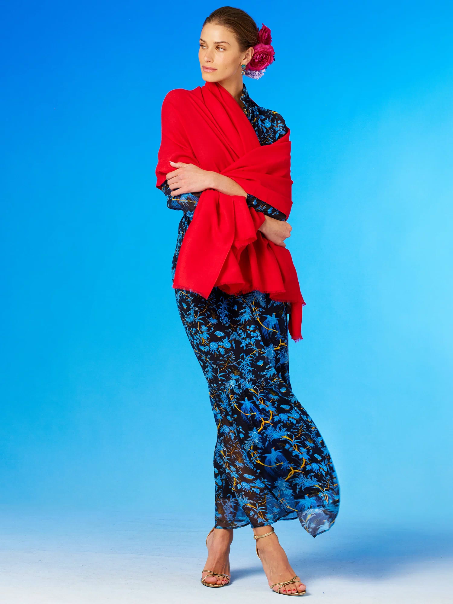Blythe Maxi Crinkle Chiffon Dress in Midnight Garden-With teh Pashmina red Shawl draped over the shoulders