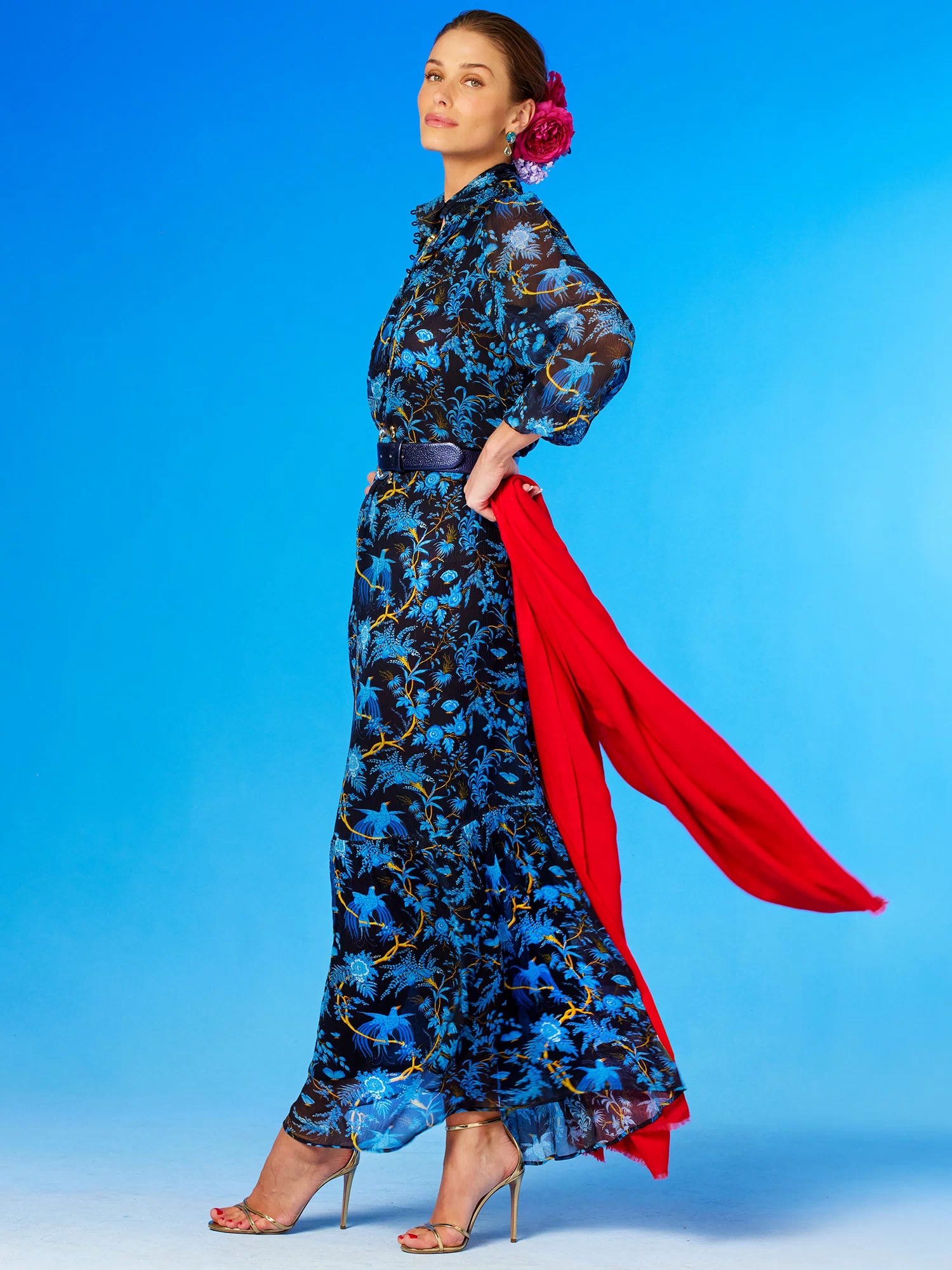 Blythe Maxi Crinkle Chiffon Dress in Midnight Garden-Side view holding the Pashmina Red Shawl