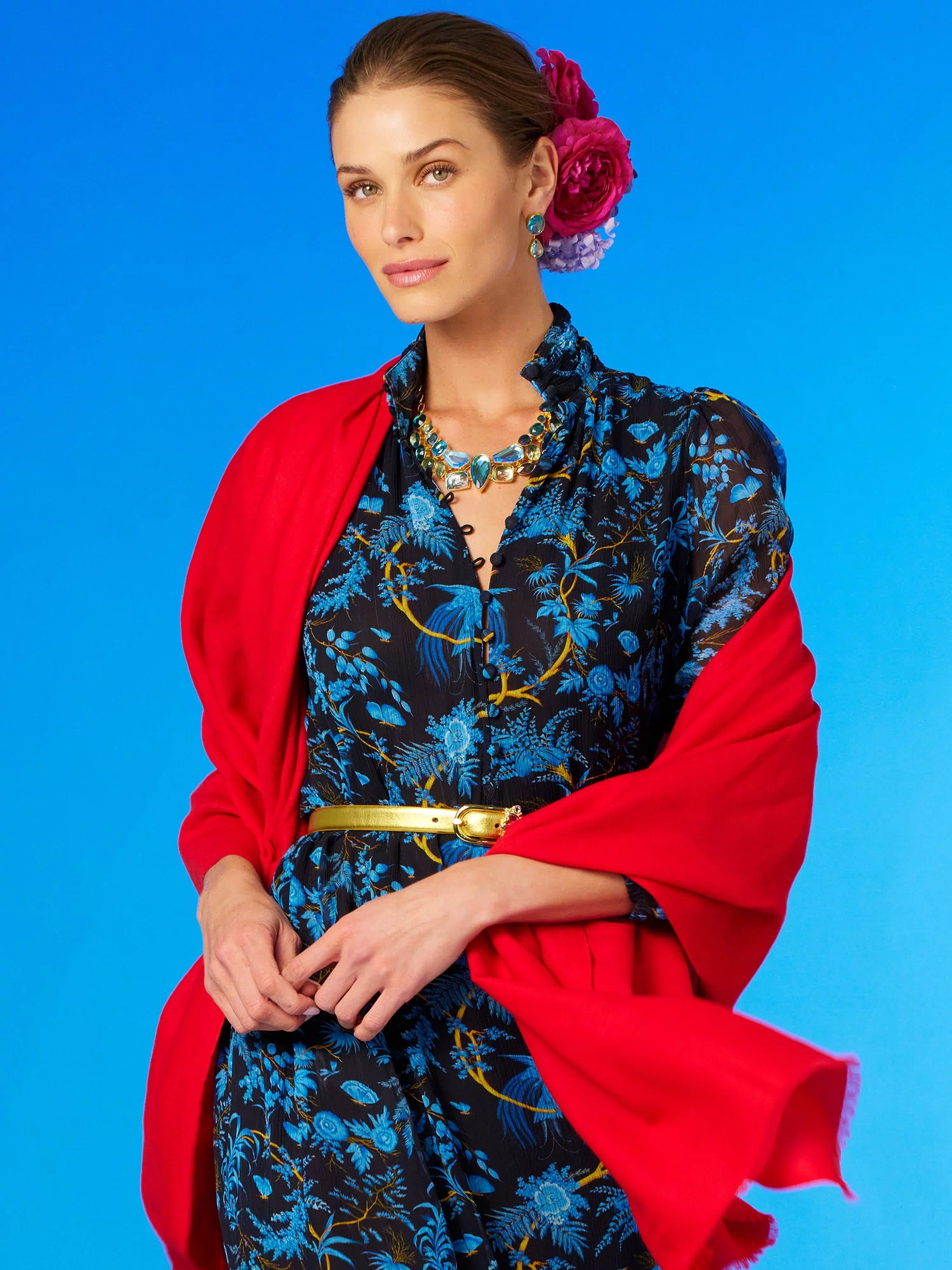 Blythe Maxi Crinkle Chiffon Dress in Midnight Garden and the Pshmina Red Shawl draped over the shoulders-Portrait view