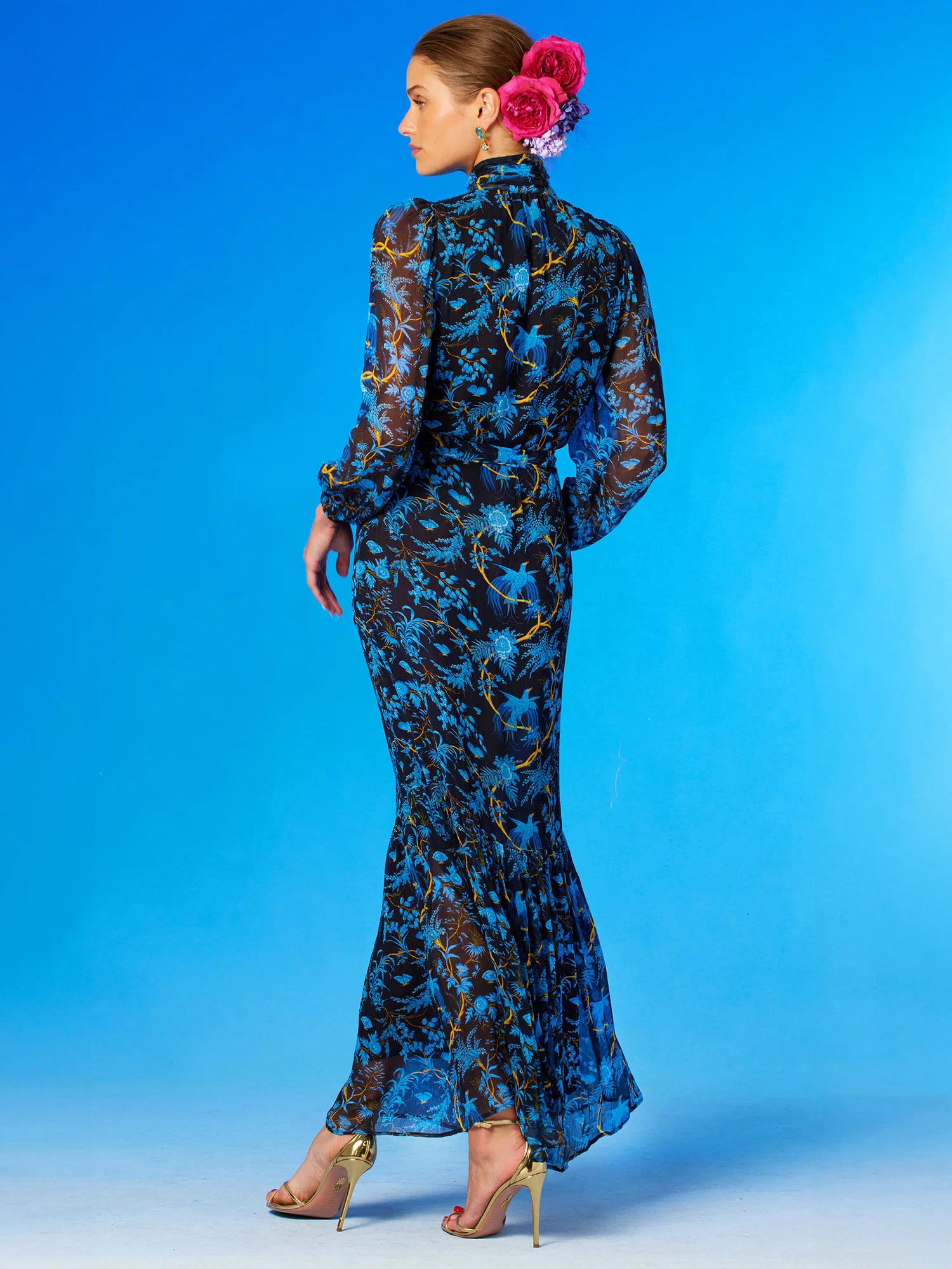 Blythe Maxi Crinkle Chiffon Dress in Midnight Garden-Back view