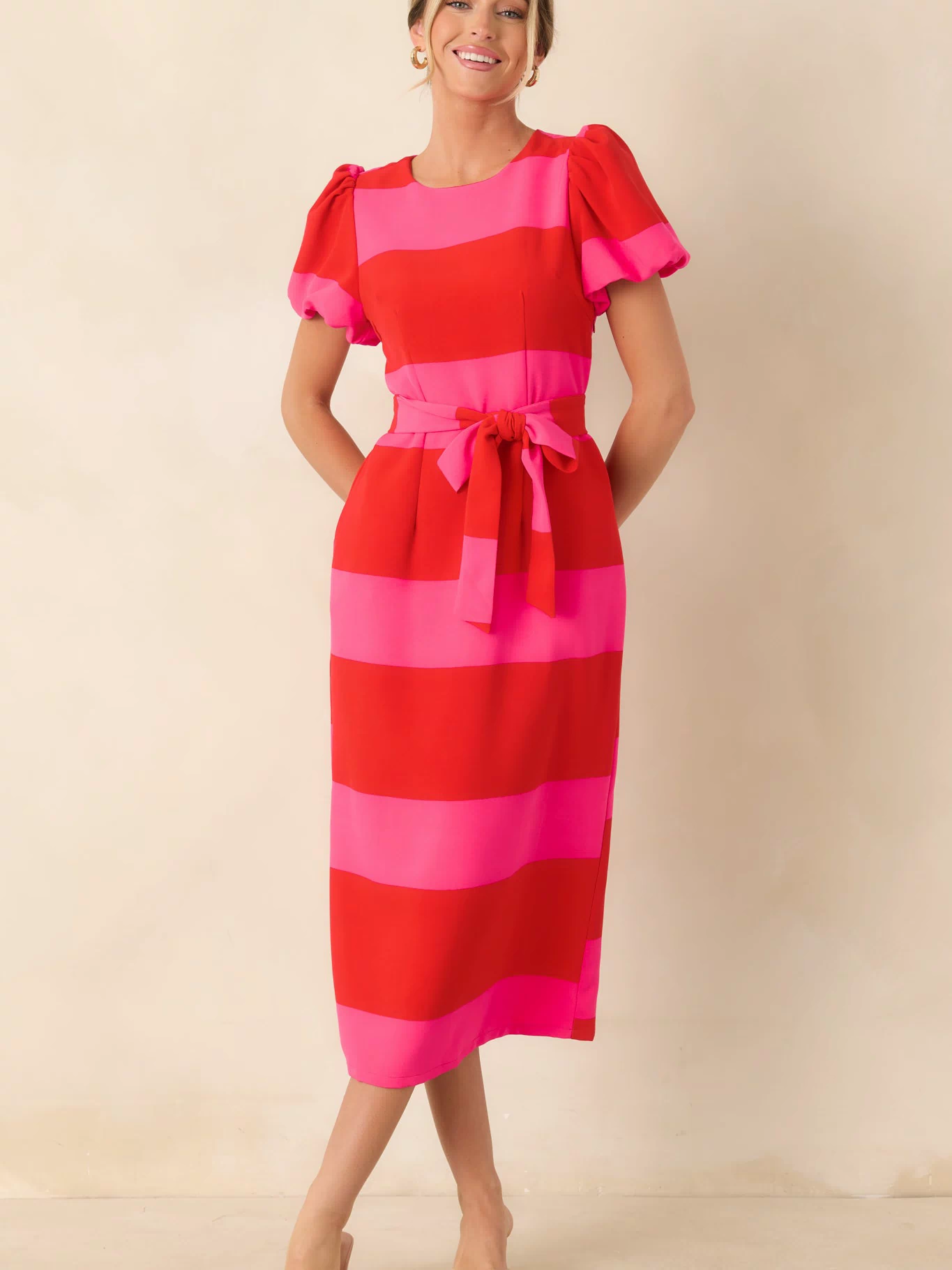 Boldly Yours Red & Pink Stripe Puff Sleeve Midi Dress