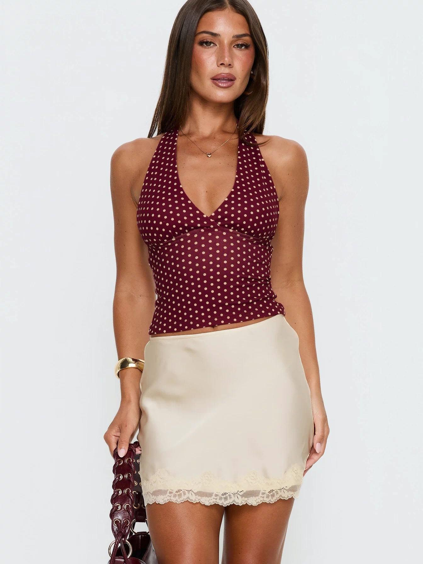   front view of model wearing Princess Polly Brandey Lace Mini Skirt Cream Mini Skirts Skirts 