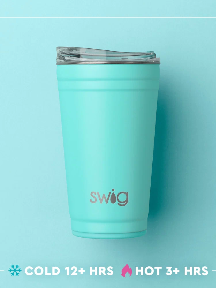 Swig Life 24oz Party Cup temperature infographic - cold 12+ hours or hot 3+ hours