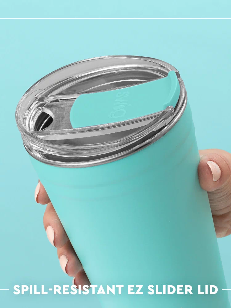 Swig Life EZ Slider Lid infographic - spill-resistant, easy-to-remove slider