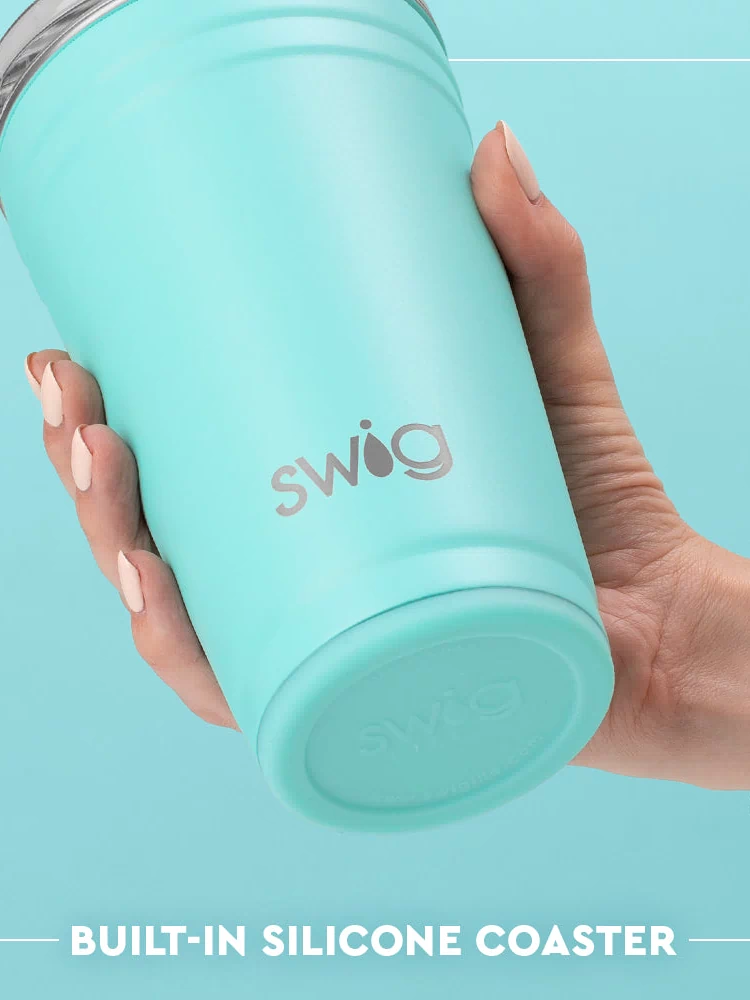 Swig Life 24oz Party Cup Built-in Silicone Coaster Base infographic shown in Aqua - slip-free, scratch-free, noise-free 