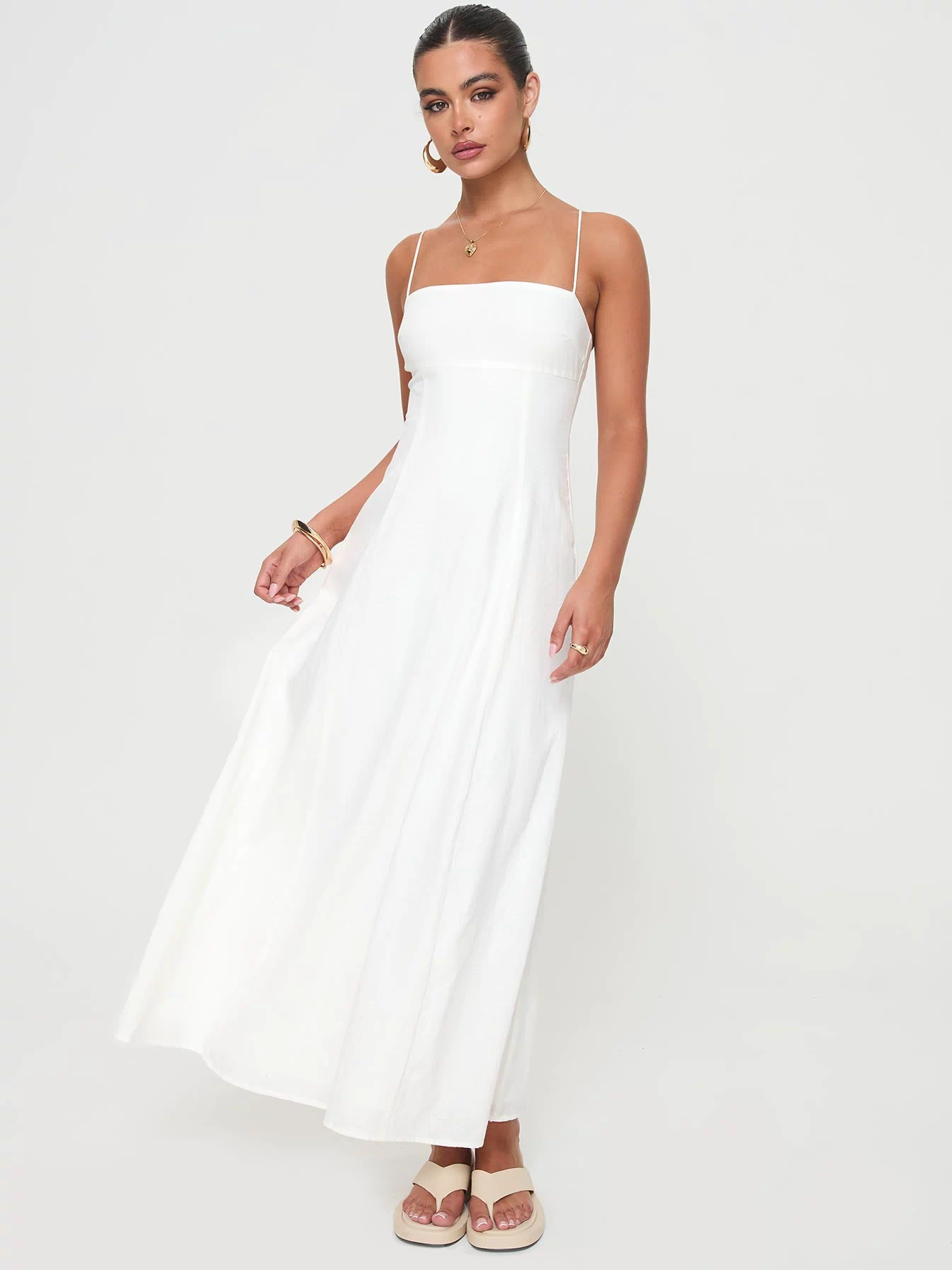 front view of model wearing Princess Polly Brightwell Maxi Dress White Square Neck 