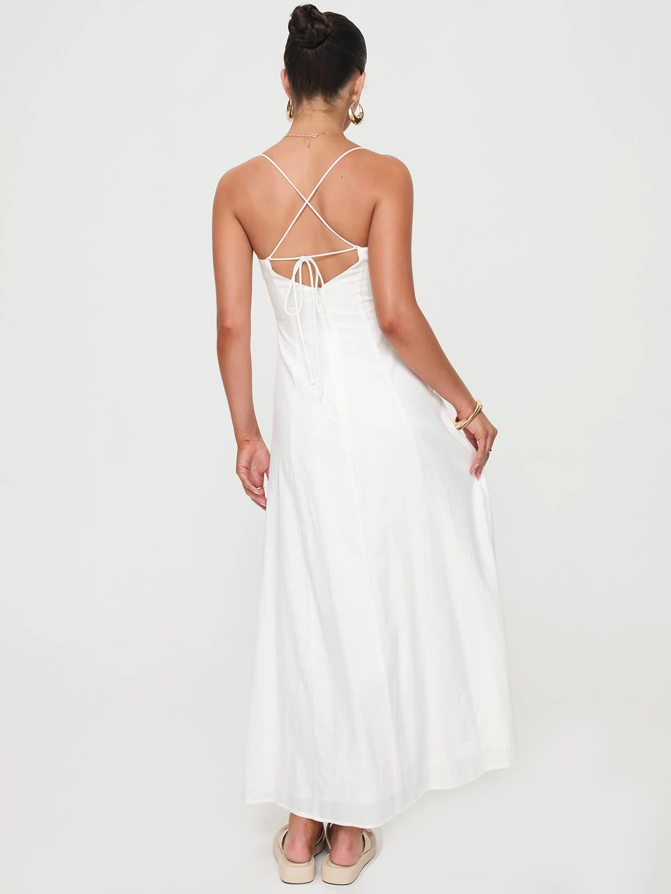 back view of model wearing Princess Polly Brightwell Maxi Dress White Square Neck 