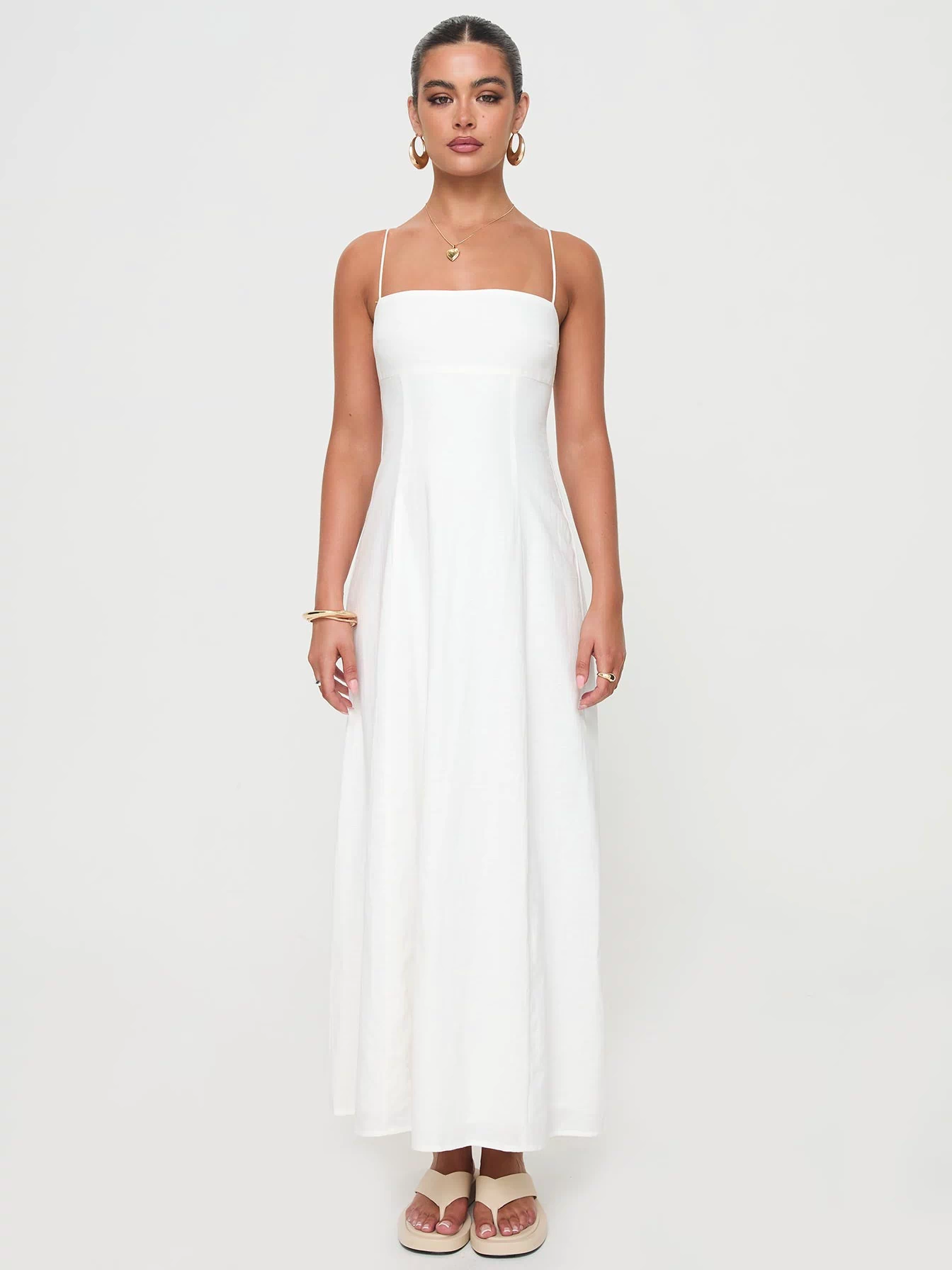 front view of model wearing Princess Polly Brightwell Maxi Dress White Square Neck 