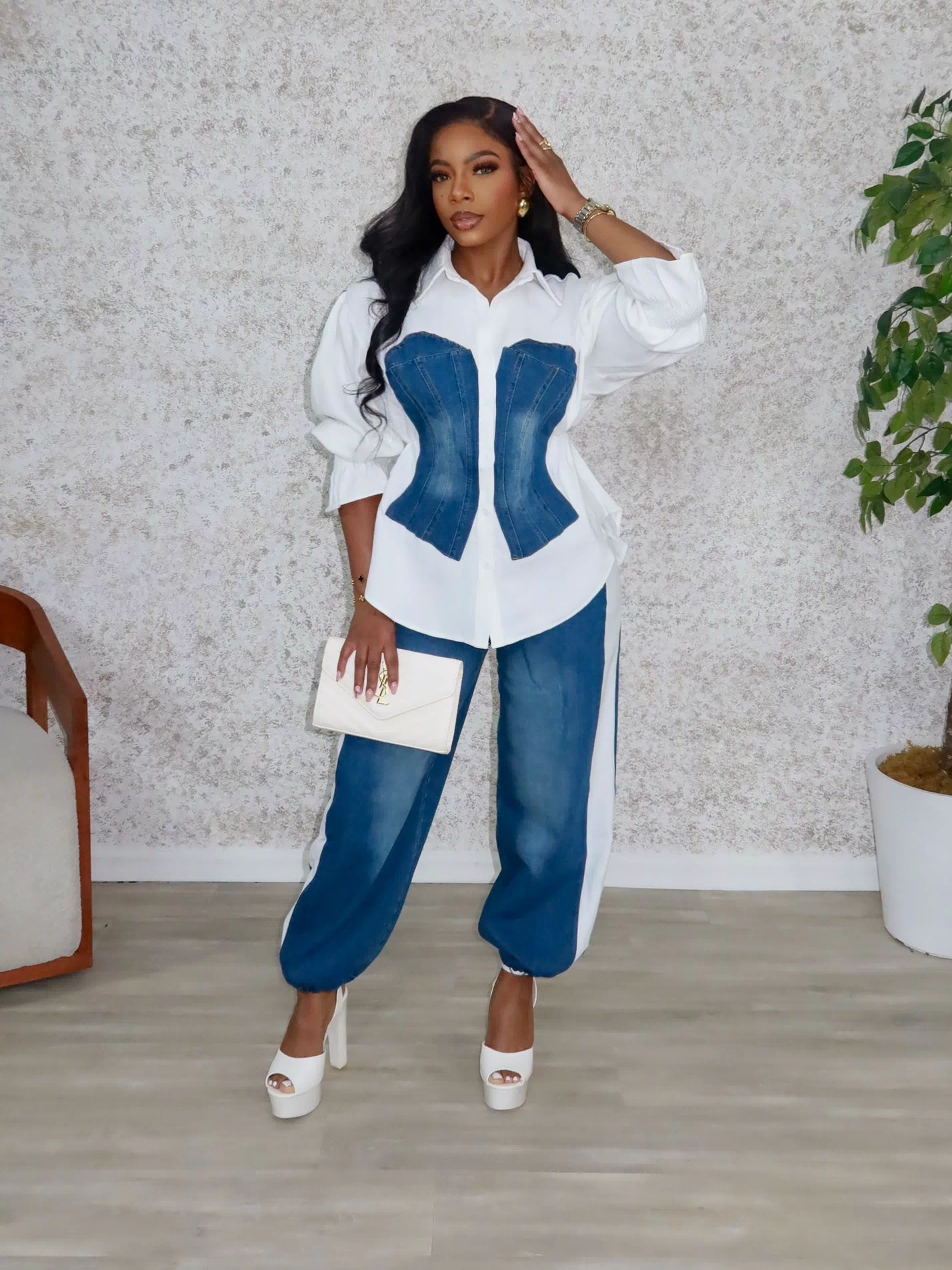 Brit Denim Pants Set (Blue/White)