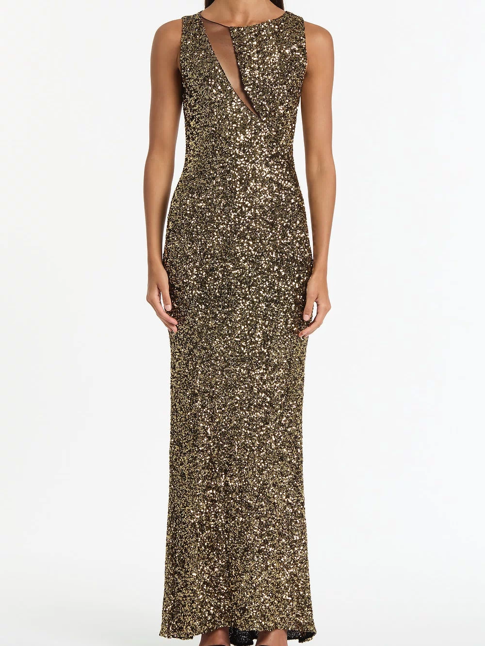 BRONZE CRUSHED SEQUIN MESH-INSERT DRESS