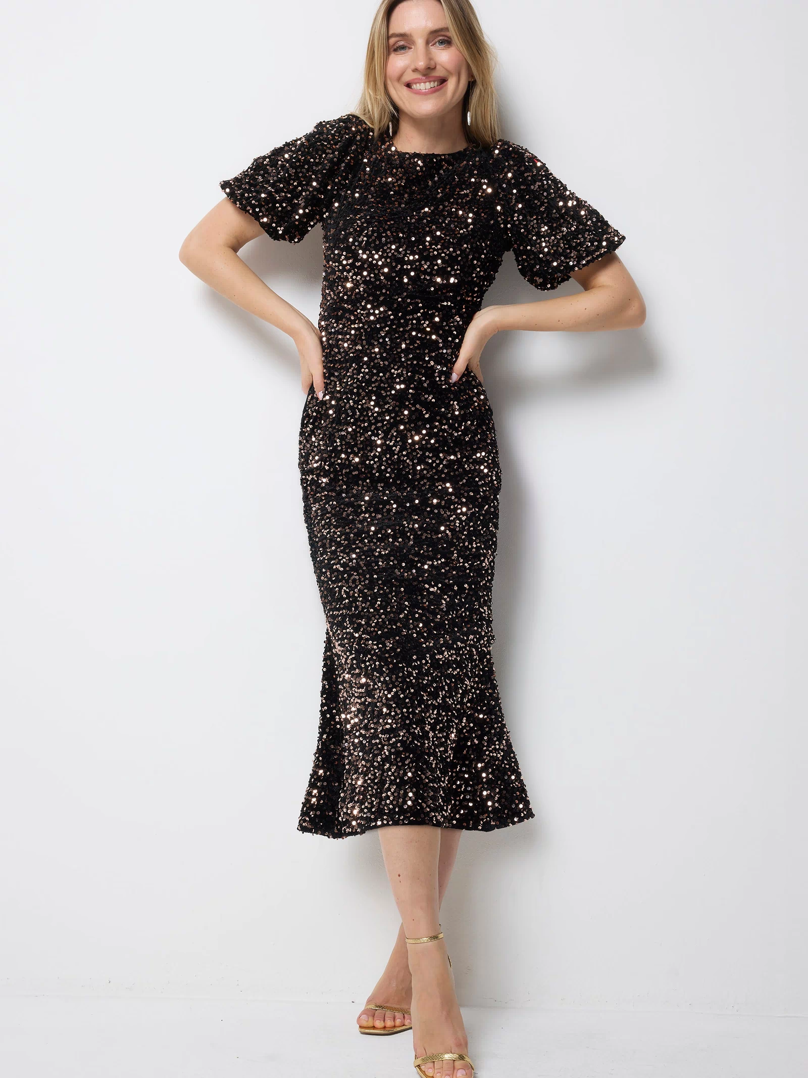 Bronze Sequin Tie Back Puff Sleeve Velvet Midi Dress