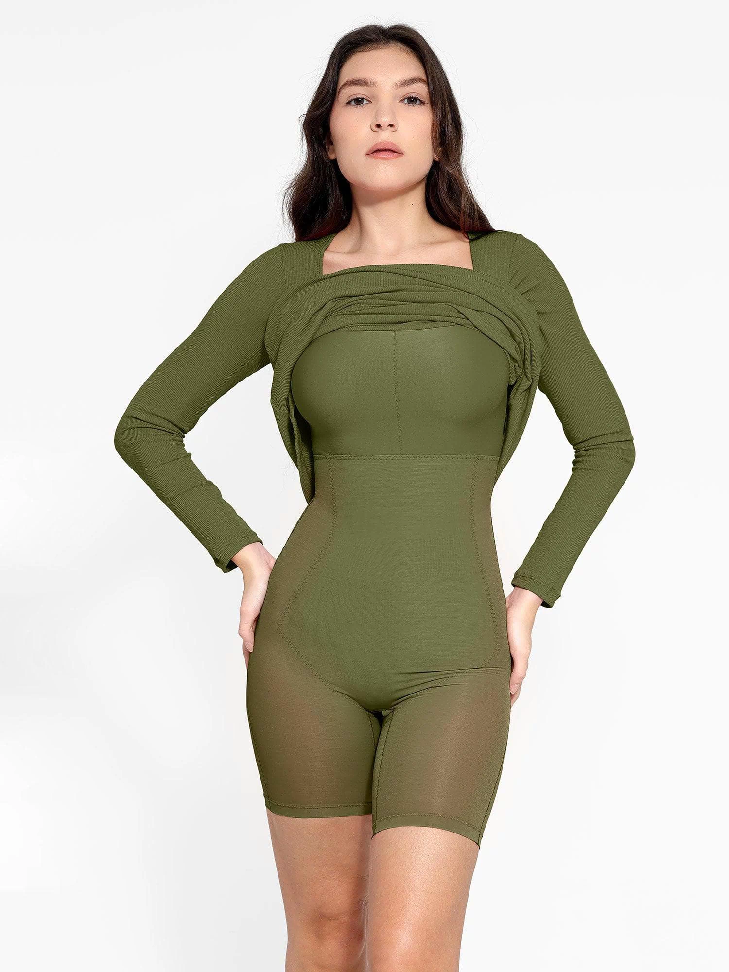 Olive green Popilush® maxi dress with built-in shapewear, square neck design.