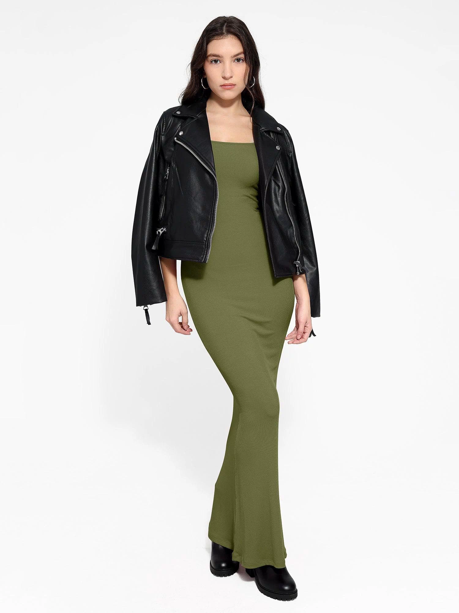 Popilush® olive green maxi dress with black jacket, fashionable outfit.