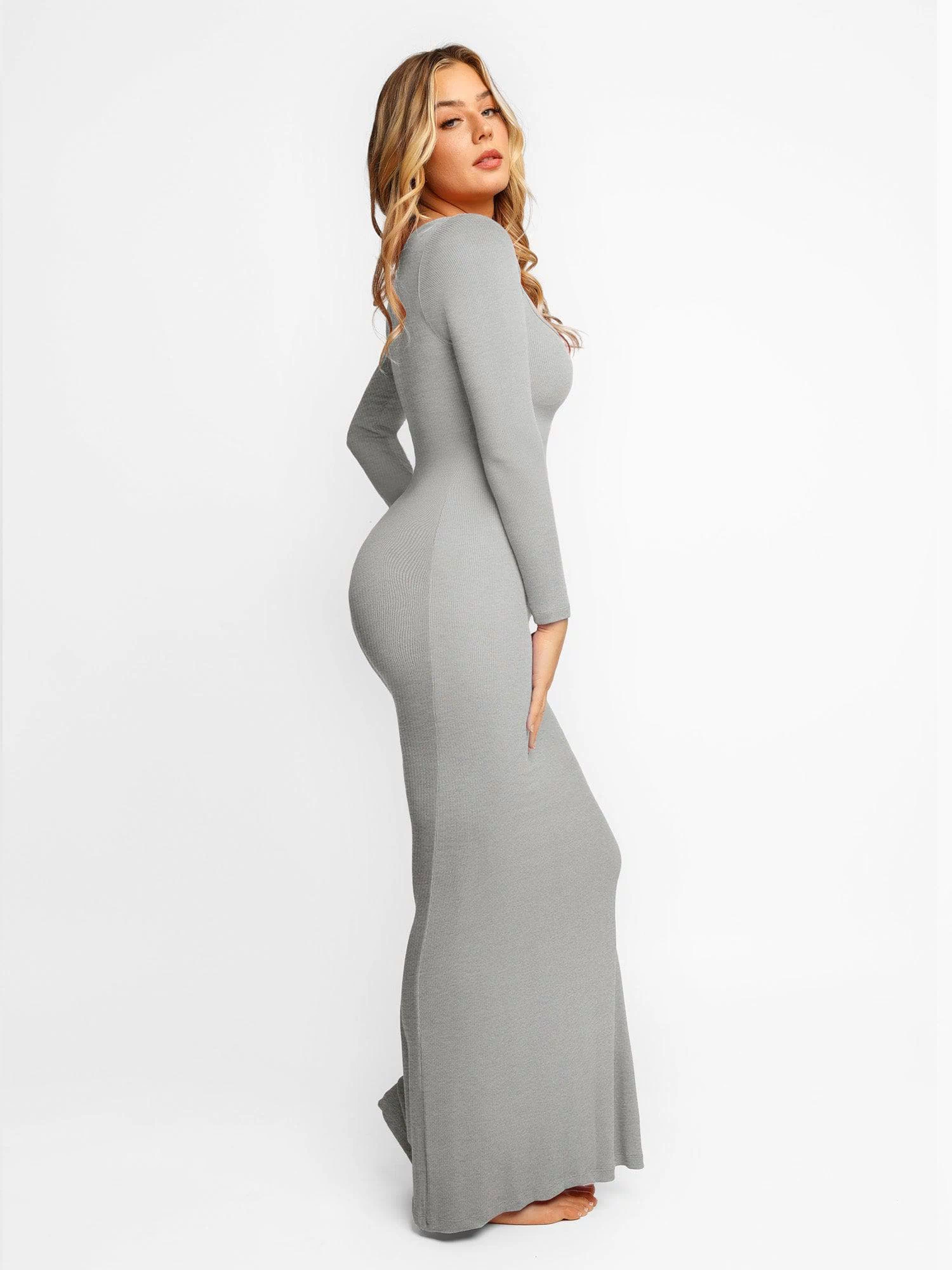 Popilush® Square Neck Bodycon Maxi Long Dress The Shapewear Dress Long Sleeve Maxi