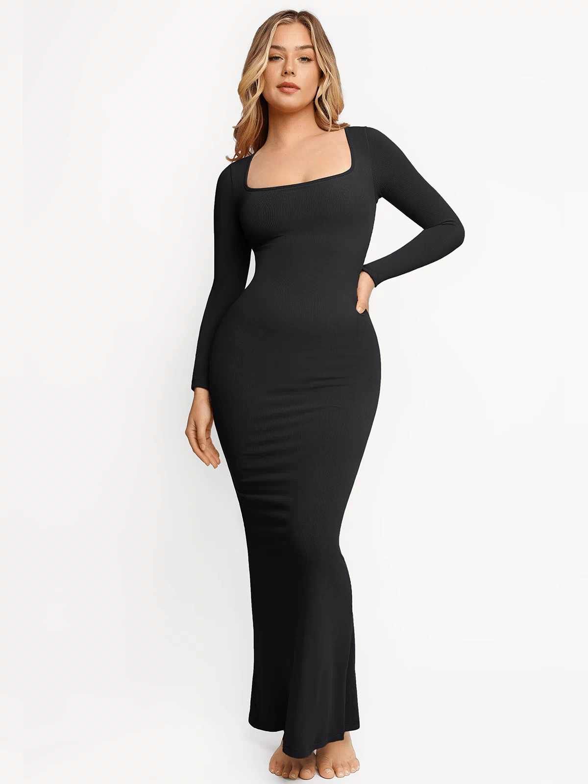 Popilush® Bodycon Party Cocktail Loungewear Winter Black / XS Shapewear Square Neck Long Sleeve Slimming Modal Maxi Dress