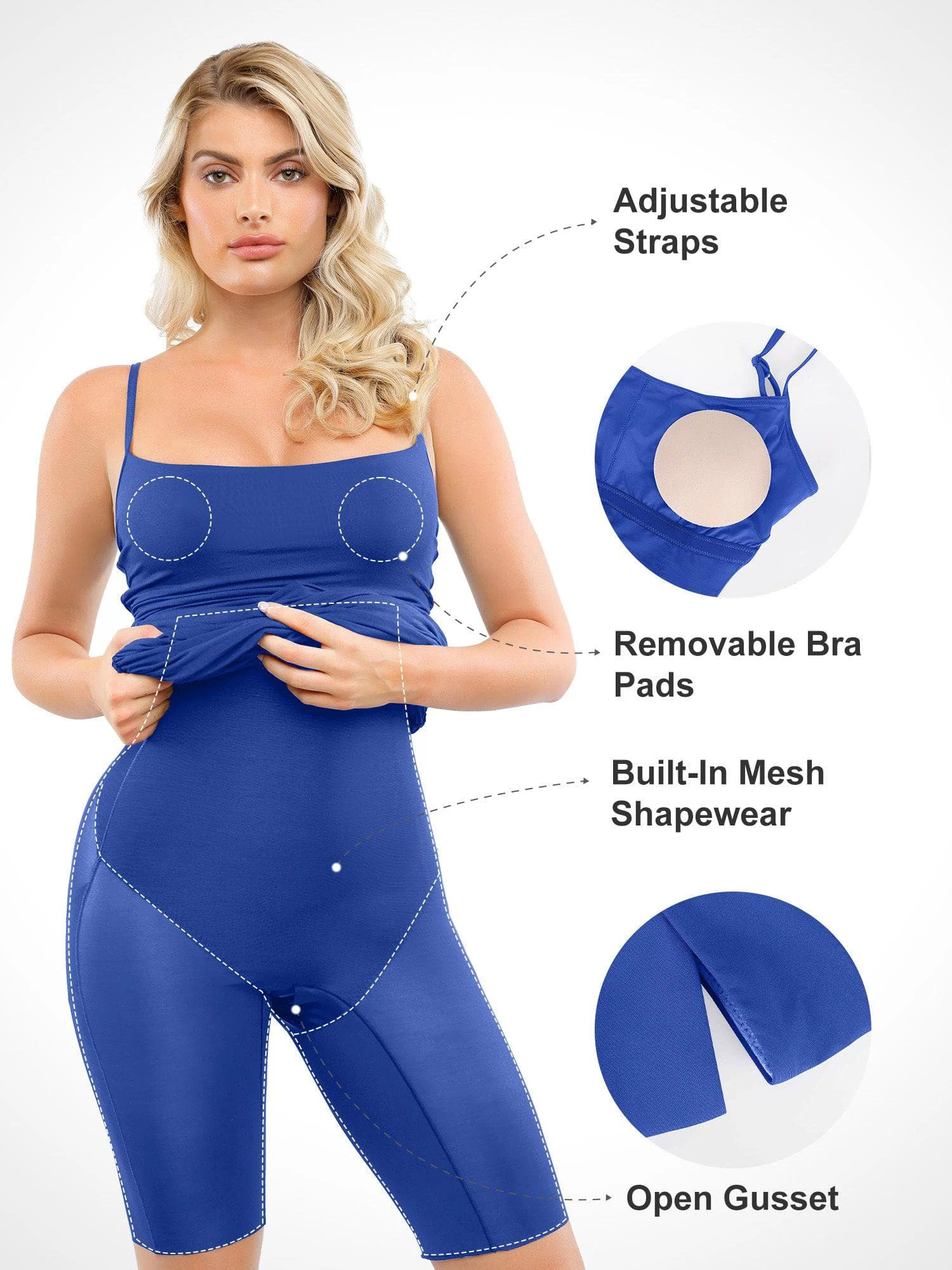 Shapewear shorts in blue, featuring adjustable straps, removable pads, mesh, and open gusset, from Popilush®