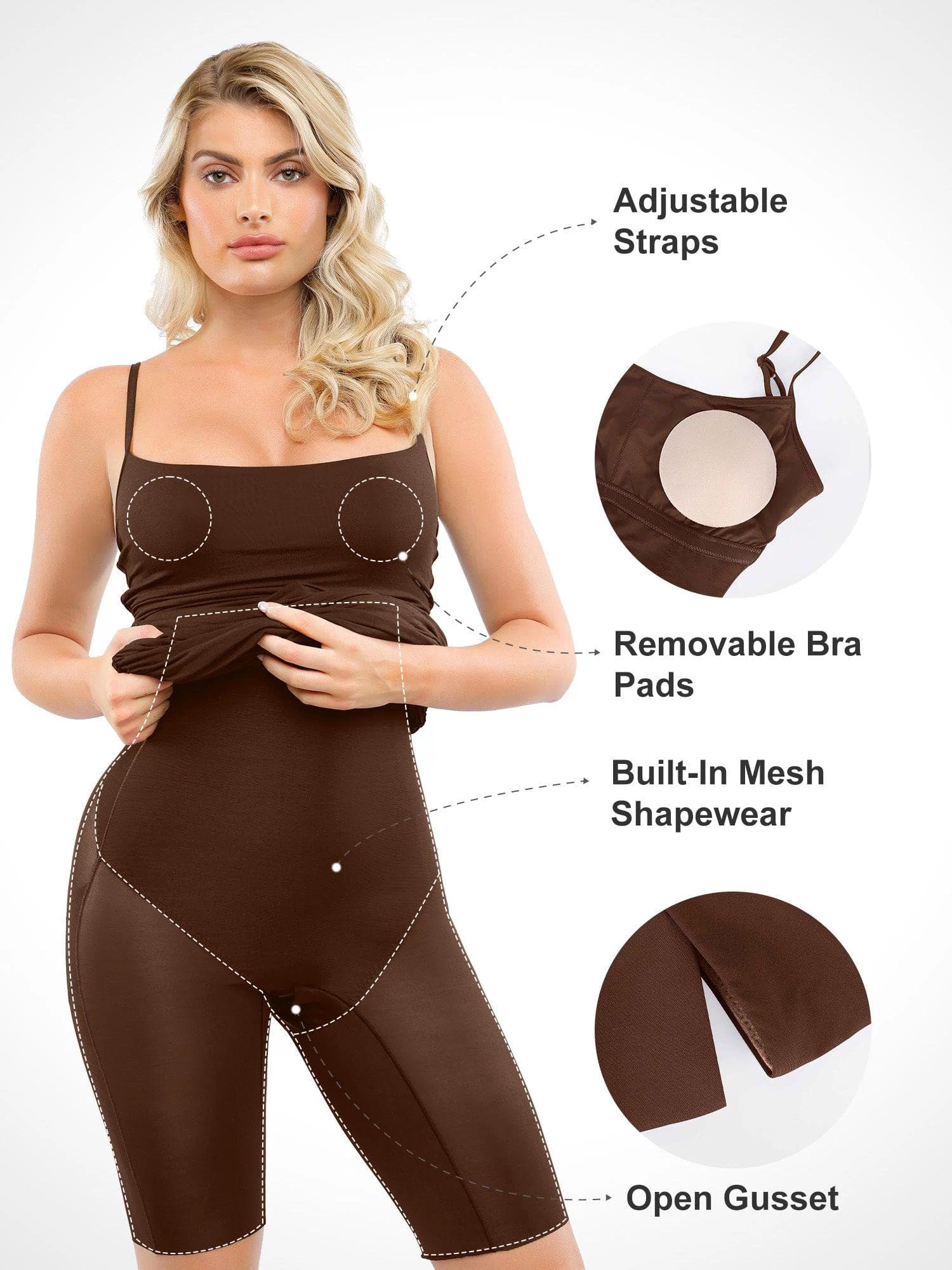 Brown ruched bodycon midi slip dress with built-in shapewear, adjustable straps, and removable pads.