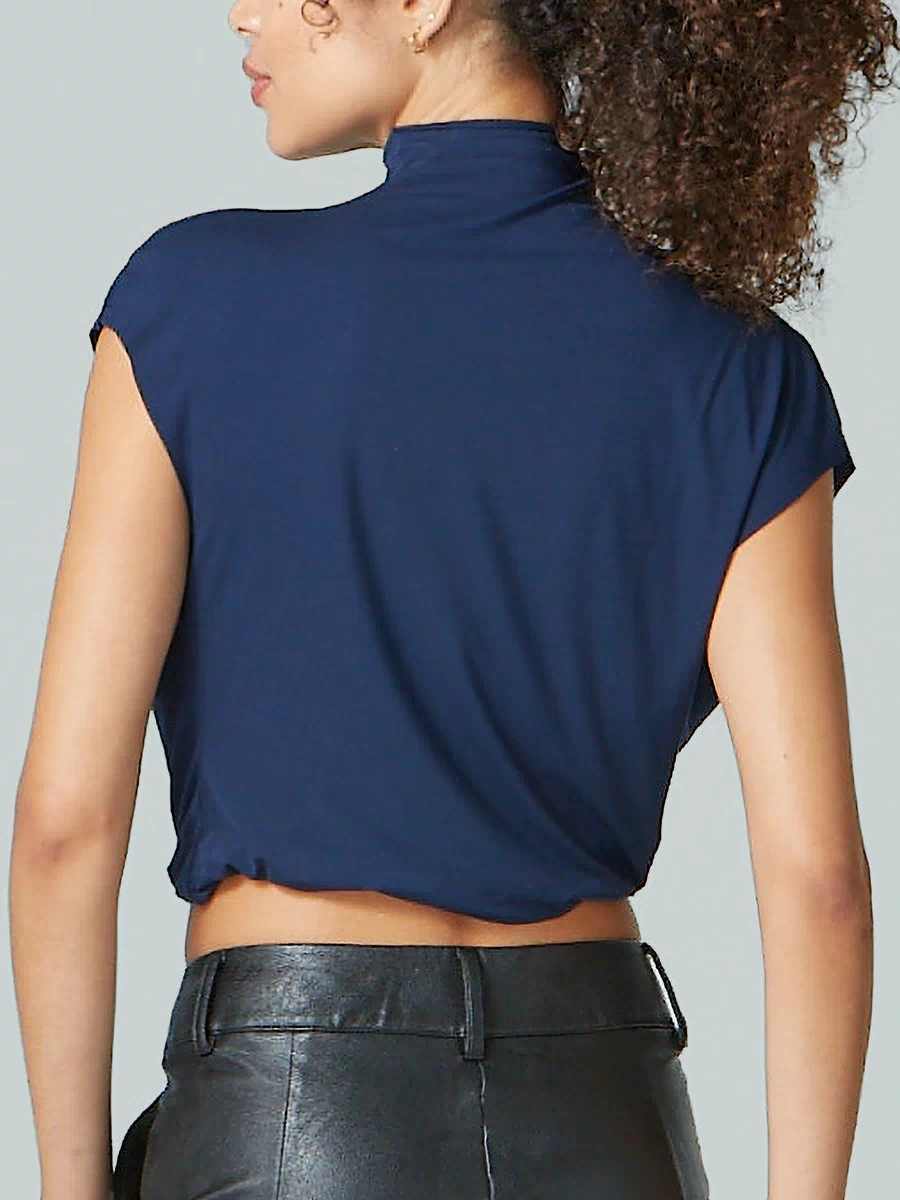 Butter Draped Mockneck Short Sleeve Crop Top::Navy::Back