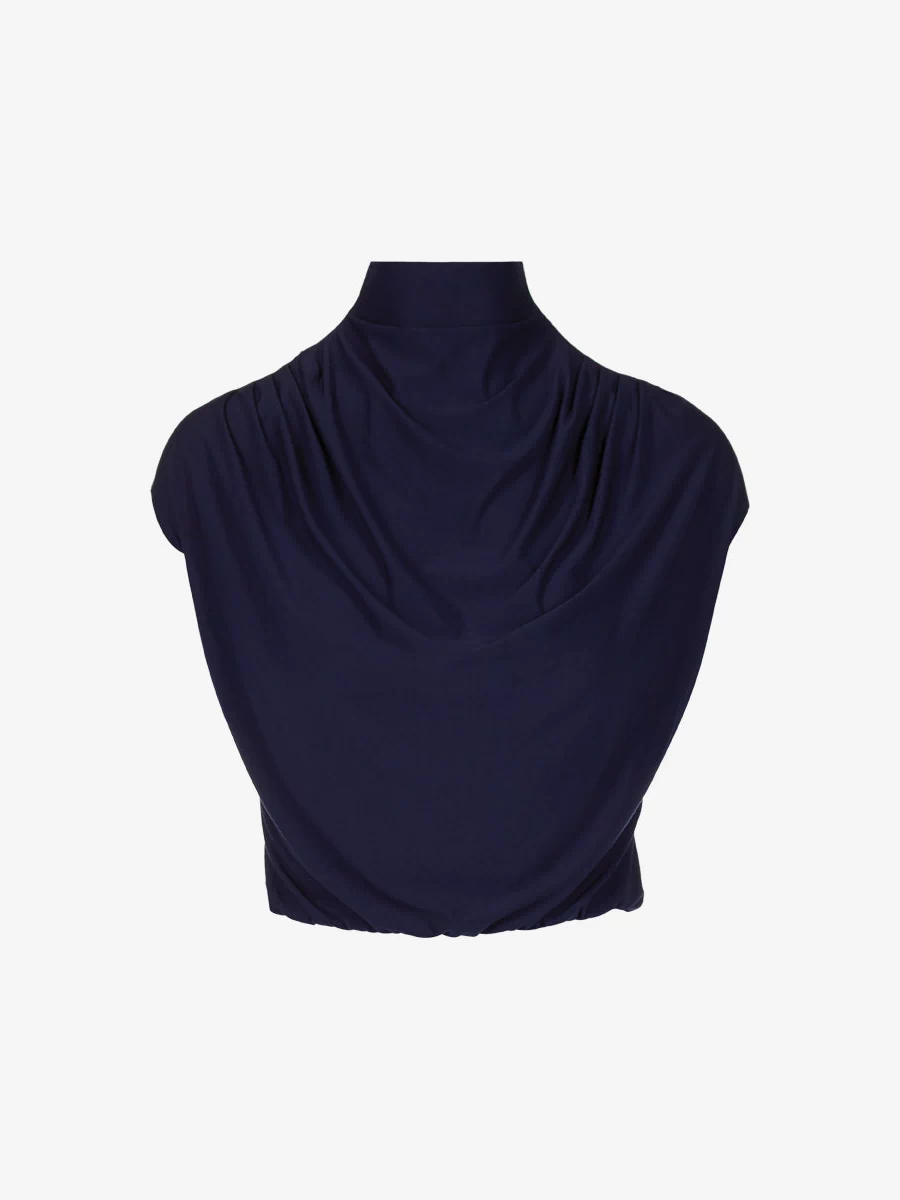 Butter Draped Mockneck Short Sleeve Crop Top::Navy::Main