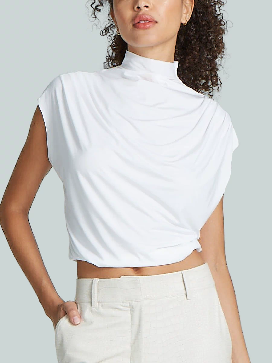 Butter Draped Mockneck Short Sleeve Crop Top::White::Hover