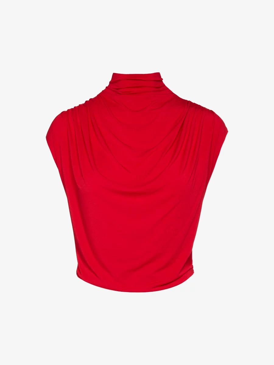 Butter Draped Mockneck Short Sleeve Crop Top::Scarlet::Main