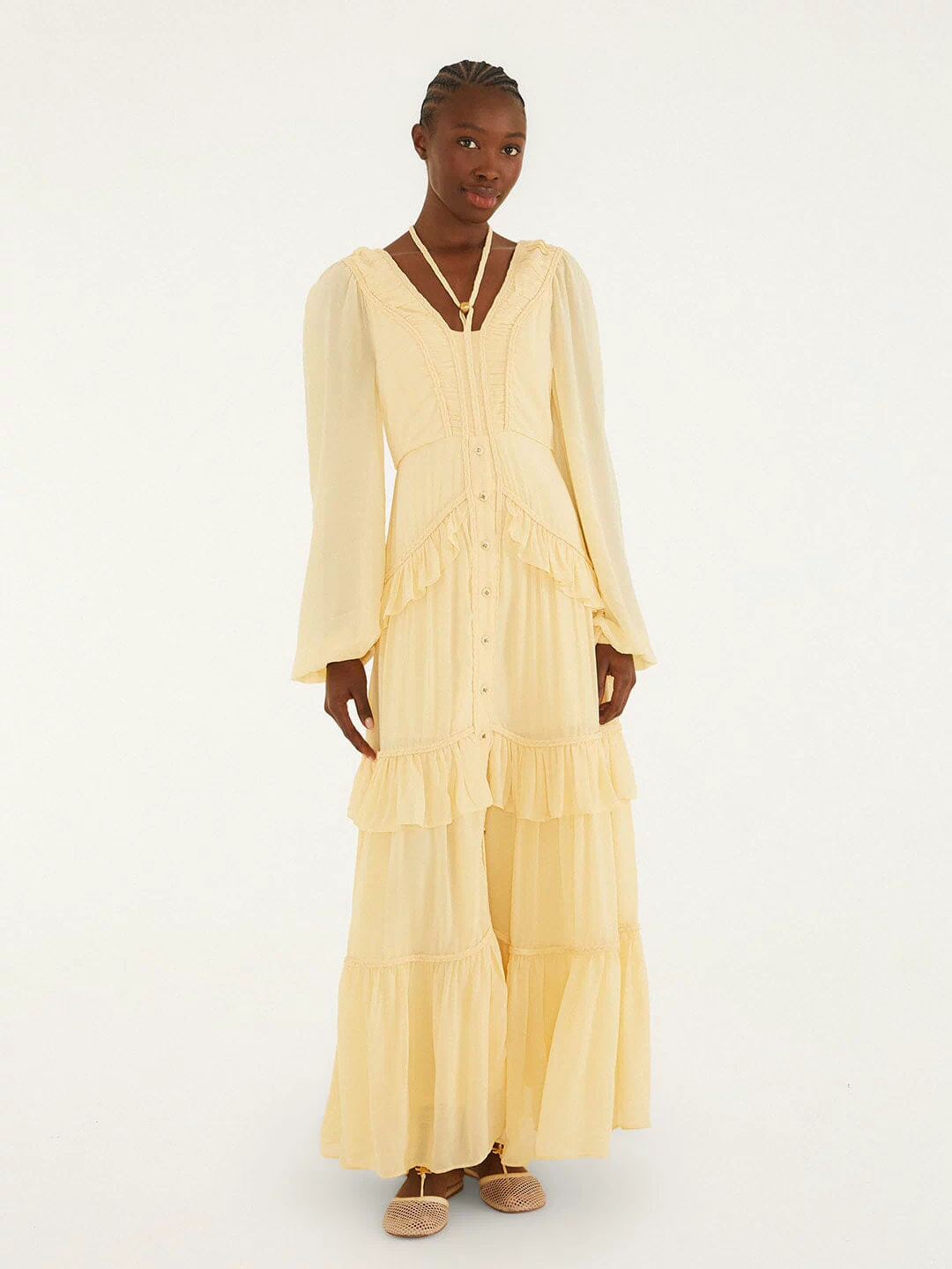 Butter Yellow Ruffled Buttoned Maxi Dress