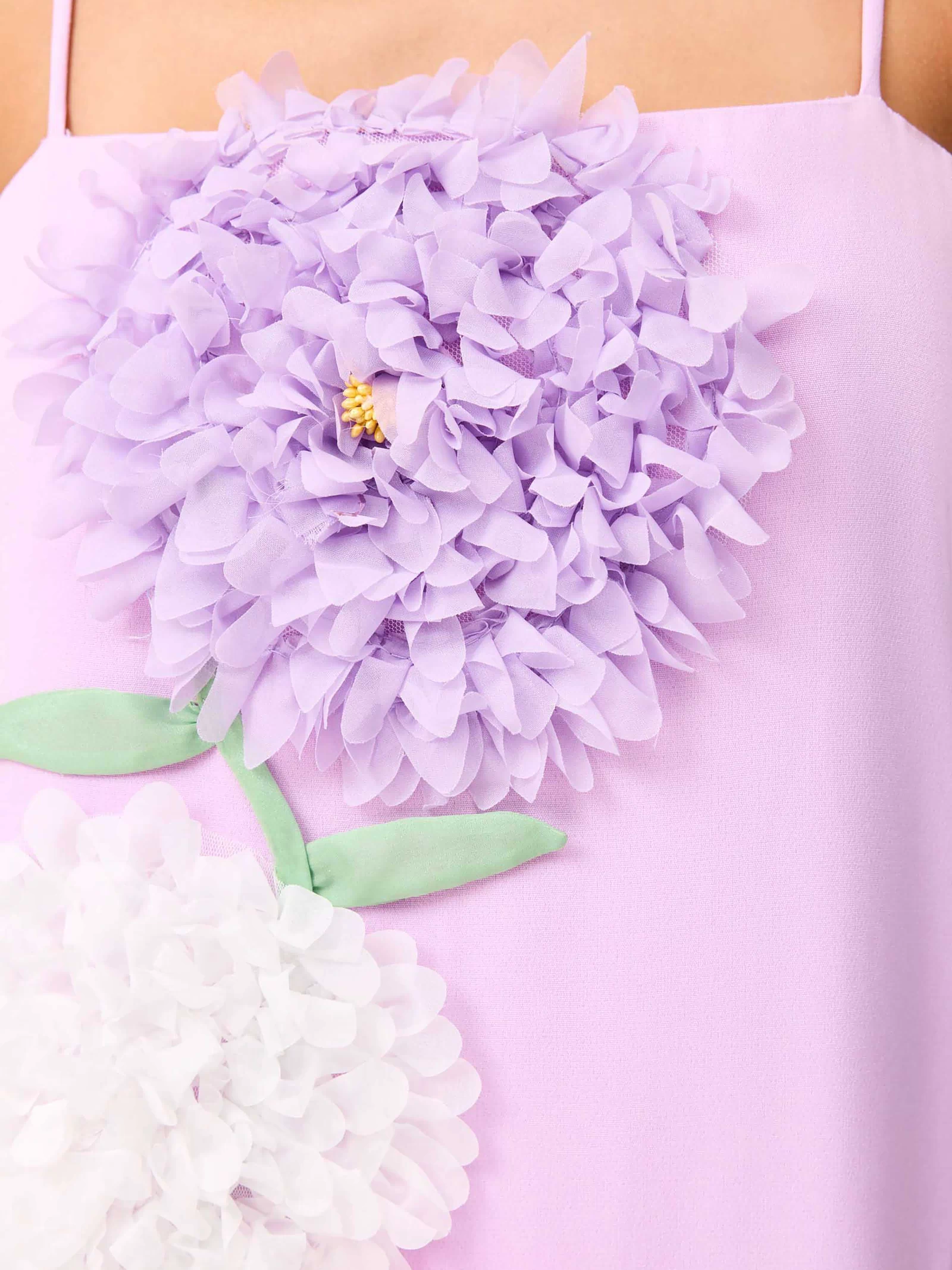 Brunette model wearing Buttercup Embroidered Maxi Dress in Purple detail shot