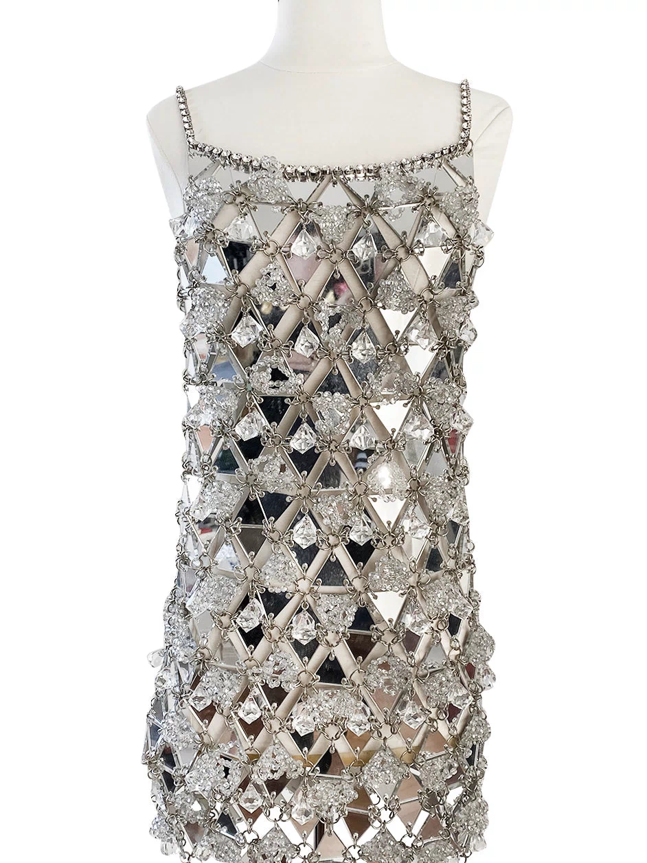 c.1967 Paco Rabanne Couture Mirrored Triangle, Metal, Rhinestone & Beaded Mini Dress w Matching Bag