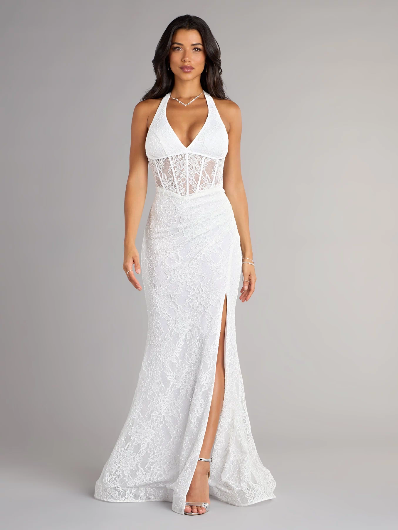 Cadie Halter Corset Slit Lace Formal Dress