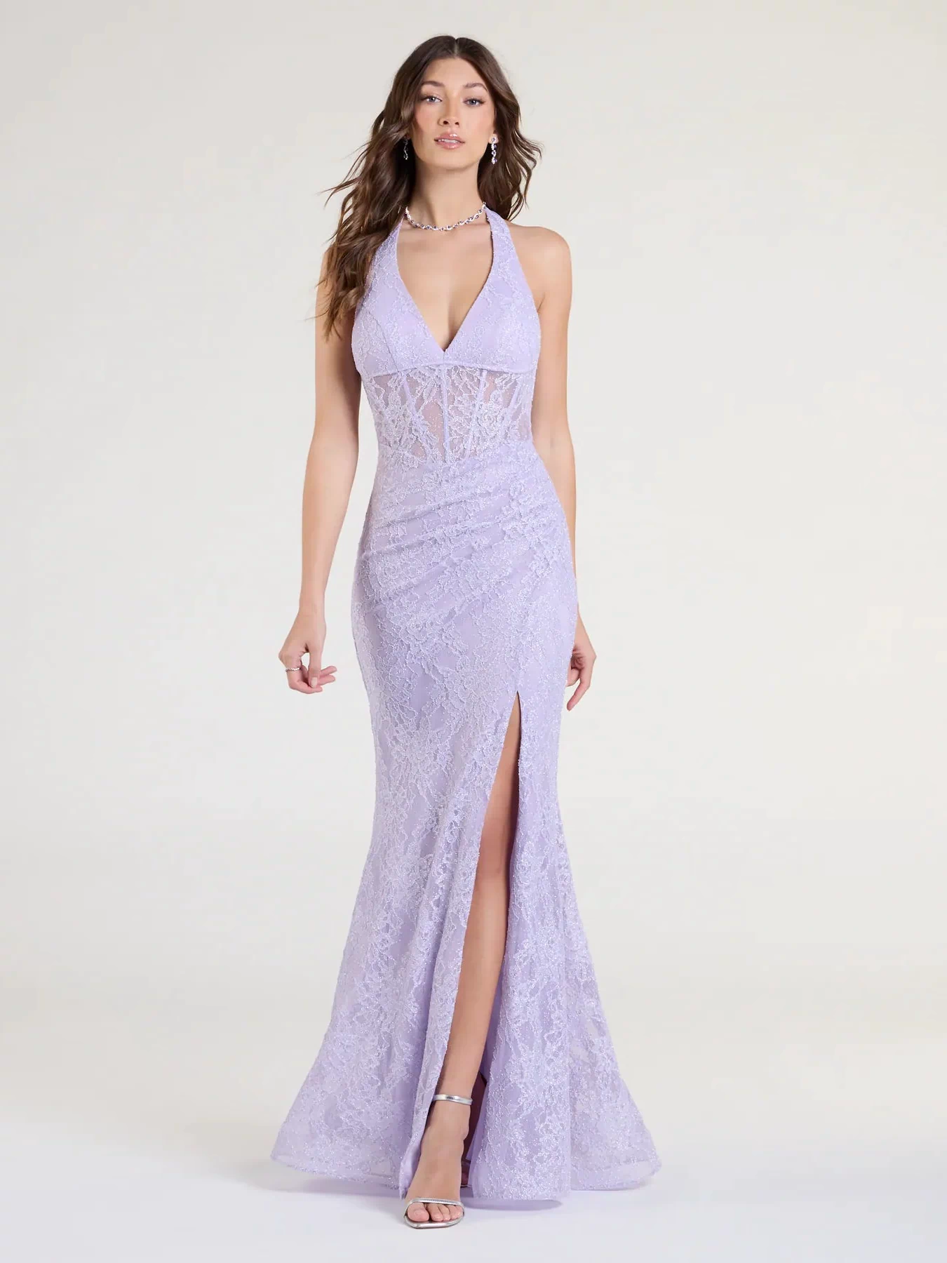 Feel polished and confident in the Cadie Halter Corset Slit Lace Formal Dress, a lavender prom dress designed with luxe fabric and modern detail that shows off your vibe.