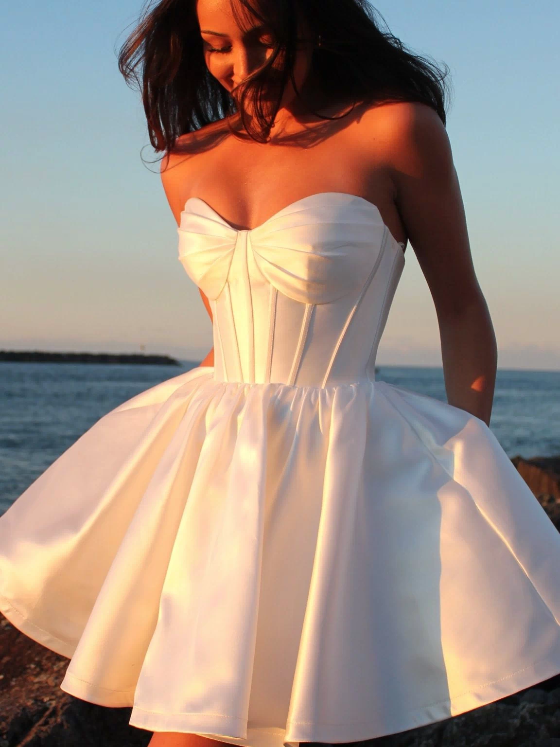 Capri Mini - Bridal Mini | White Satin Strapless Corset Mini Party Dress