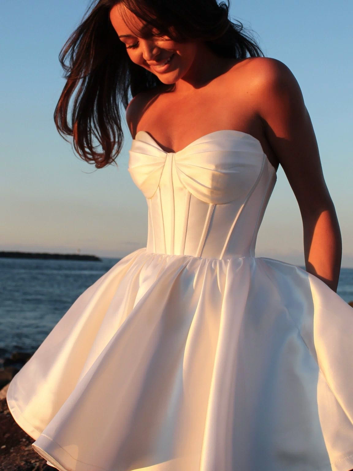 Capri Mini - Bridal Mini | White Satin Strapless Corset Mini Party Dress - STUDIO MINC