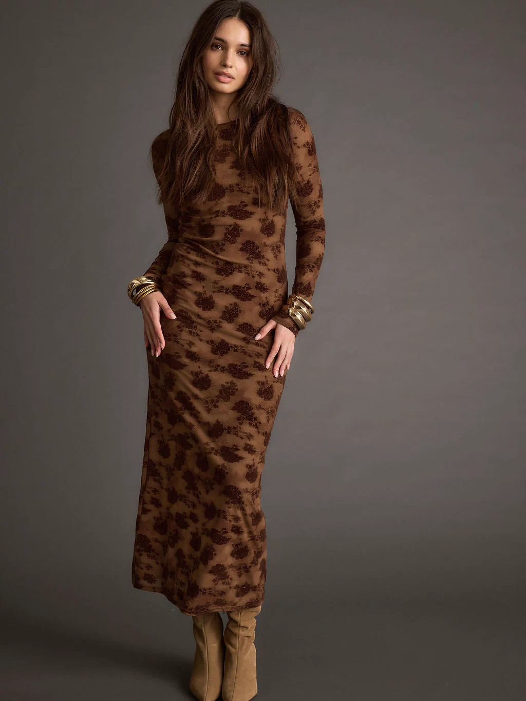 Casanova Brown Floral Maxi Dress styled in a complete look from an alternate angle.