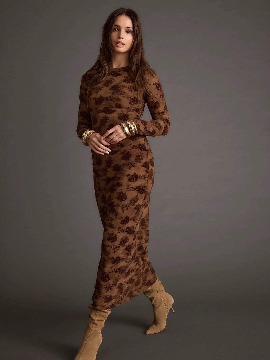 Detail shot of the Casanova Brown Floral Maxi Dress highlighting the design elements.