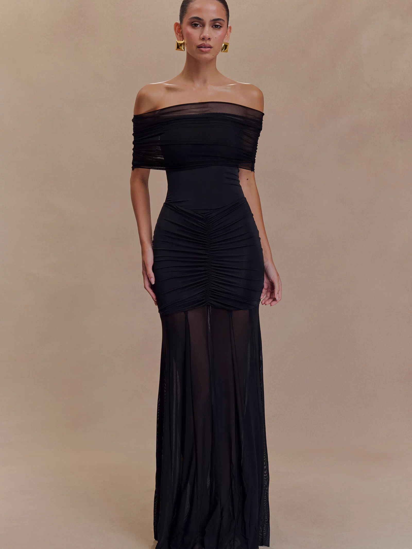 Caspian Slinky And Mesh Off Shoulder Maxi Dress - Black