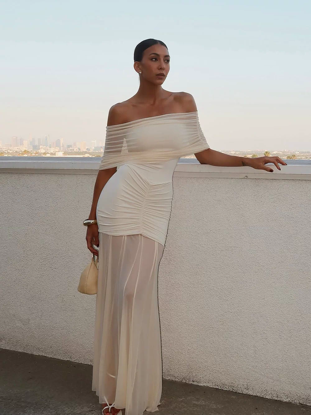 Caspian Slinky And Mesh Off Shoulder Maxi Dress - Ivory