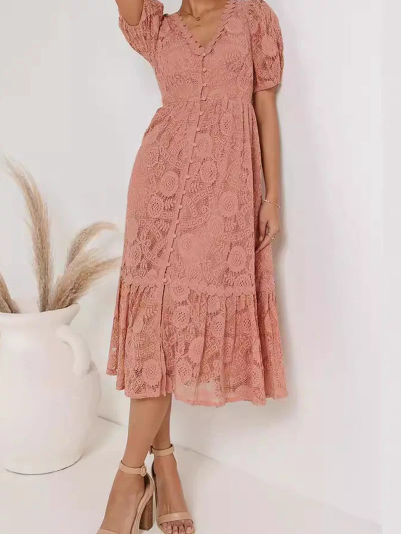 Casual Daily Solid Color Lace Buttons V Neck A Line Dresses