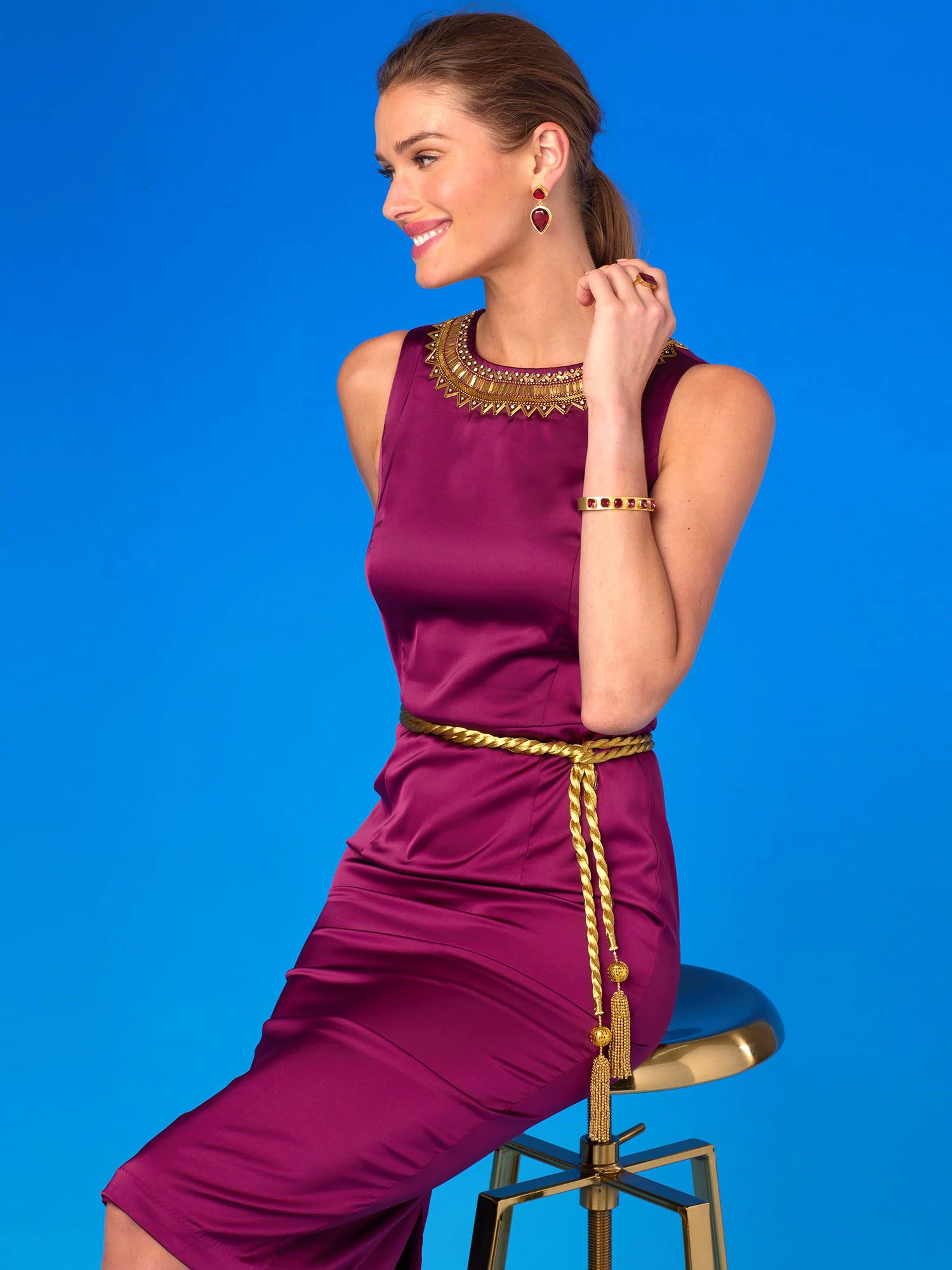 Catalina Ruby Red Midi Sheath Dress and Gold Embellishment-Sitting